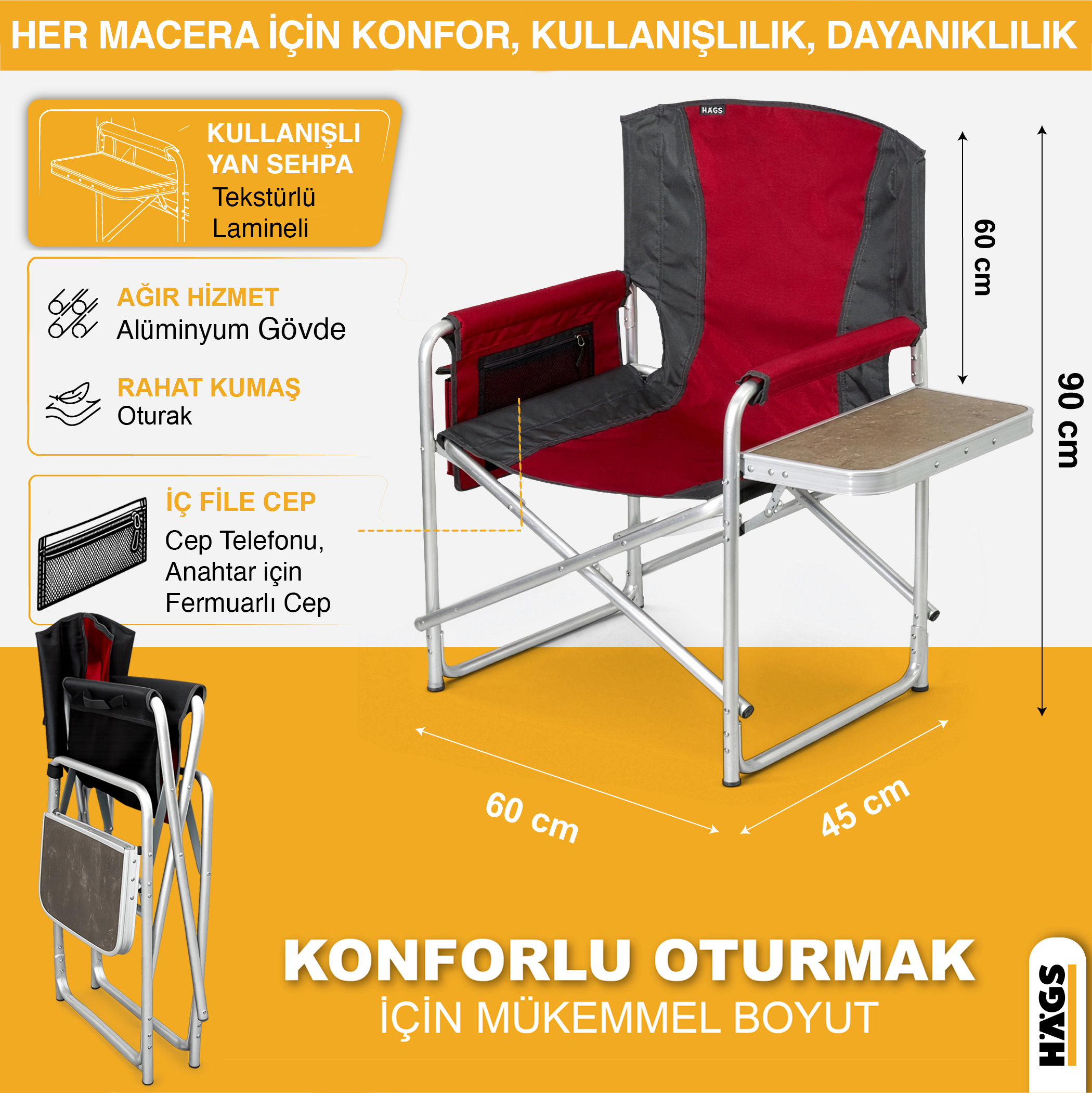 Haegs Alüminyum Kamp Sandalyesi Hafif Taşınabilir Katlanır Yönetmen Sandalyesi Yan Sehpa ve Çıkarılabilir Yan Cep ile Açık Hava Kampı Çim Piknik Bahçe Teras Balkon için Uygun Yeşil 5