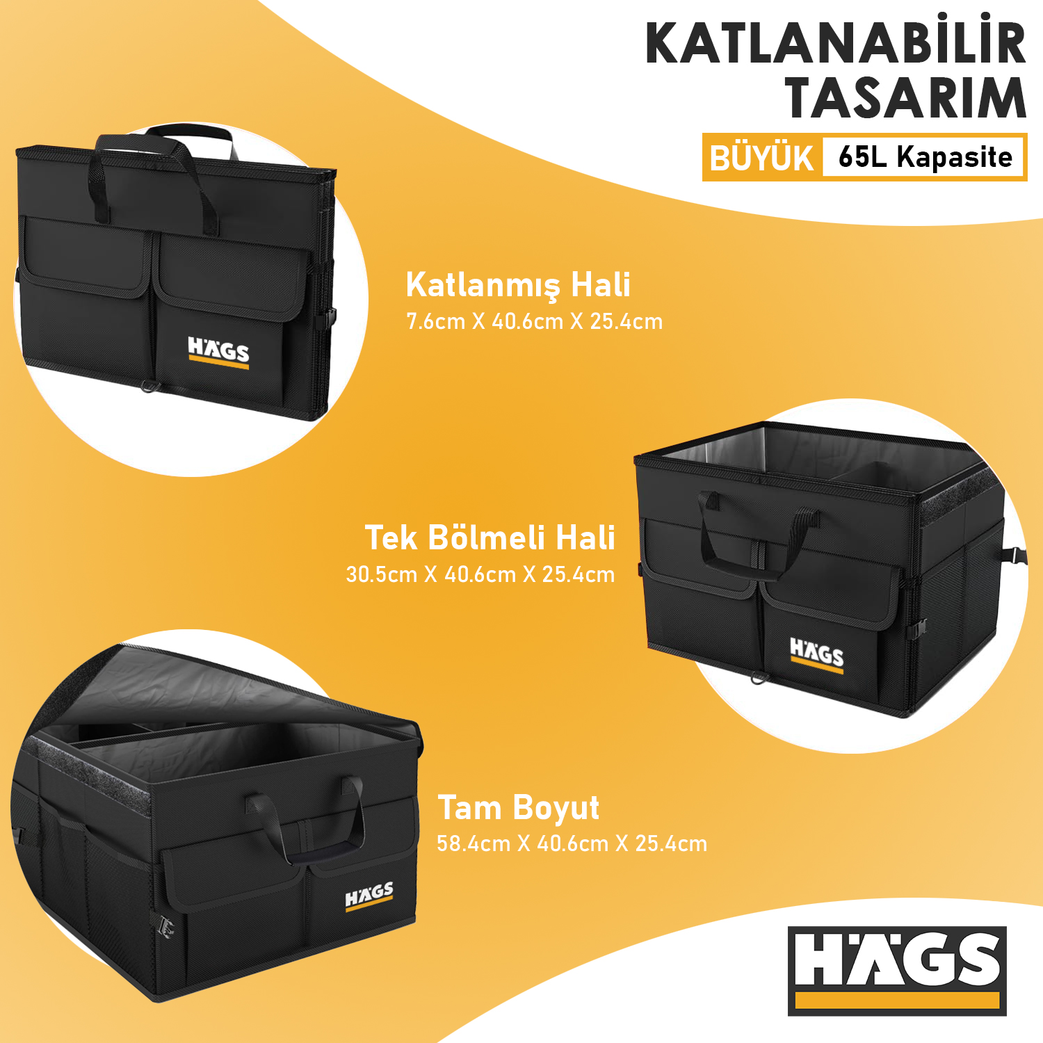 Haegs Araba Bagaj Çantası Araç içi Düzenleyici Organizer Katlanabilir Oto Bagaj Düzenleyici Oto Aksesuarları Sağlam Araba Alet Eşya Düzenleyici - 65 Lt- Siyah 2