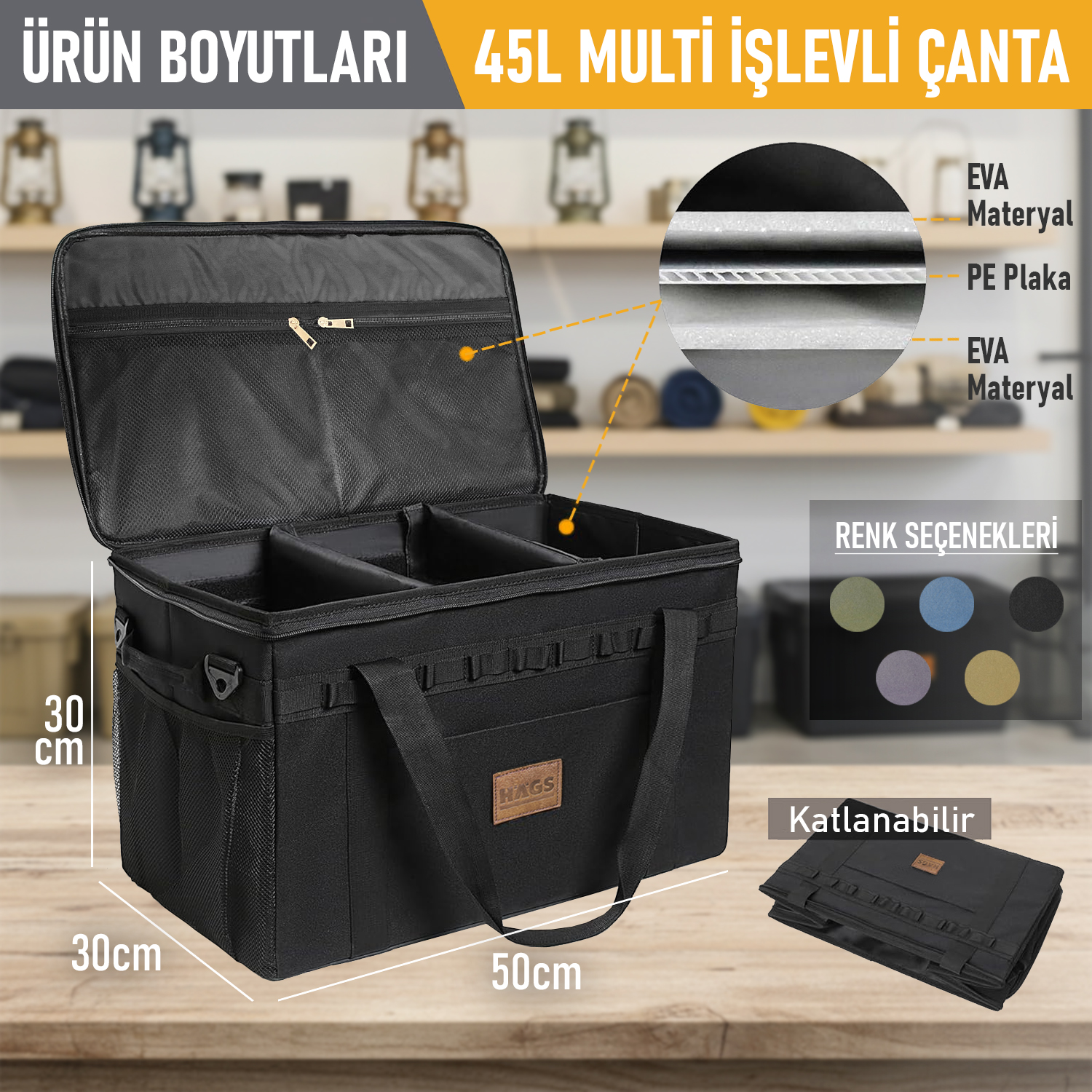 Haegs Araba Bagaj Organizer Çanta Çok Amaçlı Termal Çanta Araç içi Alet Eşya Düzenleyici Kamp Malzemeleri Piknik Çantası Taktik Yalıtımlı Soğutucu Yemek Taşıma Çantası 45 Lt Yeşil 3