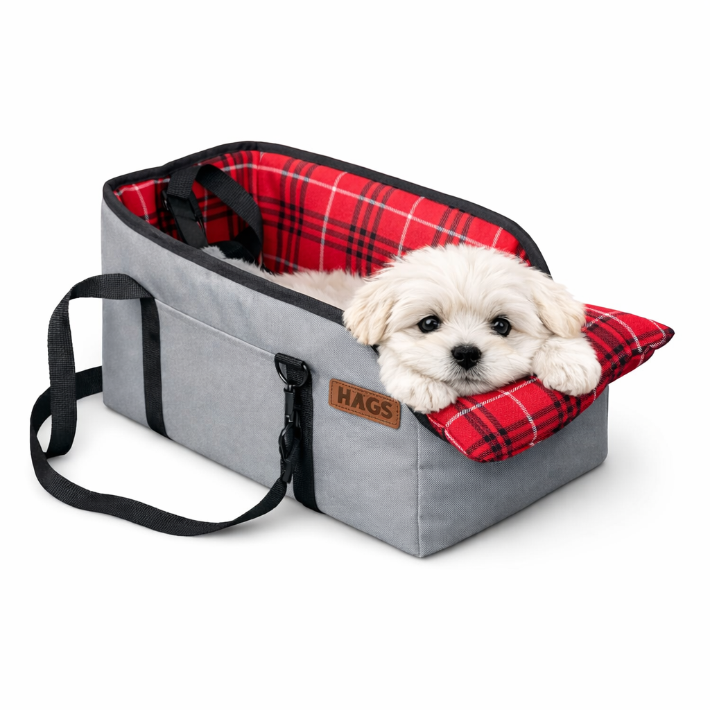 Haegs Araç Konsol Üstü Köpek Koltuğu - Köpek Taşıma Çantası Küçük Köpekler İçin Taşınabilir Köpek Yatağı Kol Dayama Yeri Olan Yumuşak Minderli Evcil Hayvan Araba Koltuğu Gri - Kırmızı