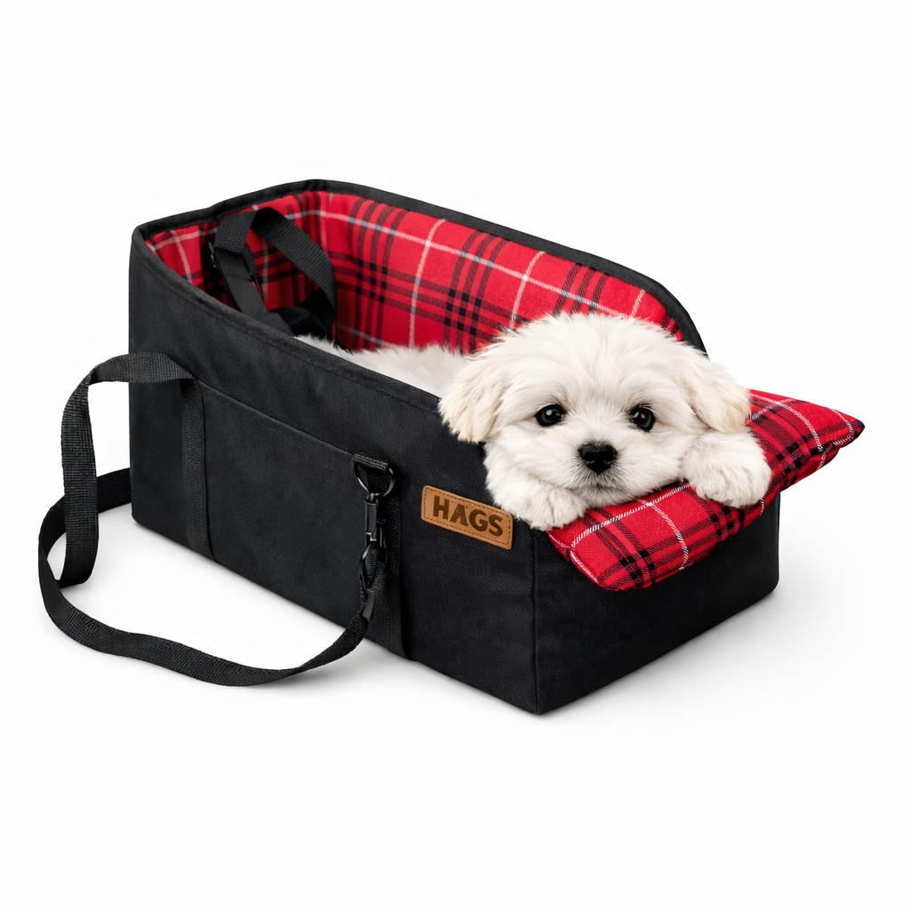 Haegs Araç Konsol Üstü Köpek Koltuğu - Köpek Taşıma Çantası Küçük Köpekler İçin Taşınabilir Köpek Yatağı Kol Dayama Yeri Olan Yumuşak Minderli Evcil Hayvan Araba Koltuğu Siyah - Kırmızı