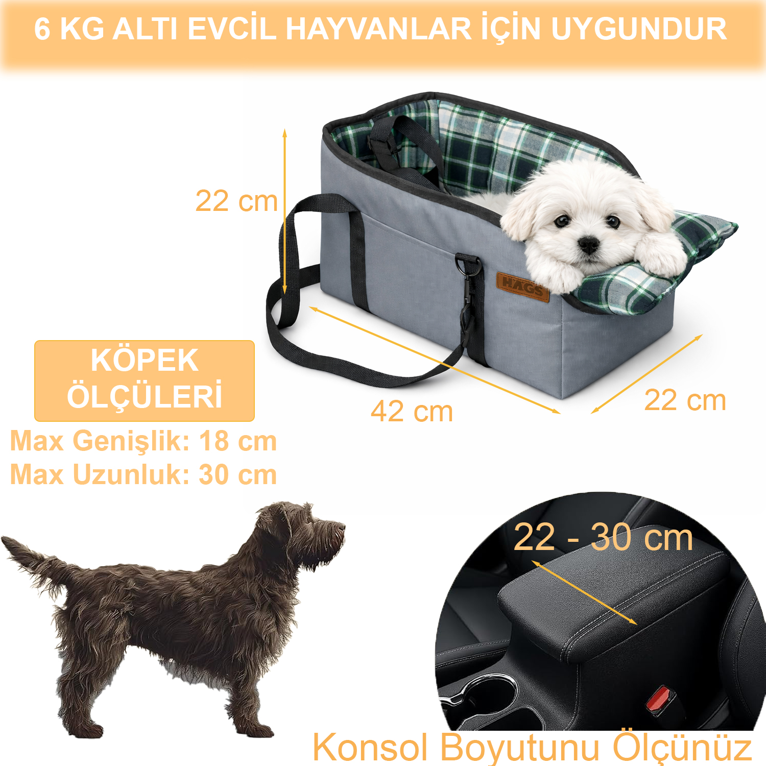 Haegs Araç Konsol Üstü Köpek Koltuğu Köpek Taşıma Çantası Küçük Köpekler İçin Taşınabilir Köpek Yatağı Kol Dayama Yeri Olan Yumuşak Minderli Evcil Hayvan Araba Koltuğu Siyah - Gri 4