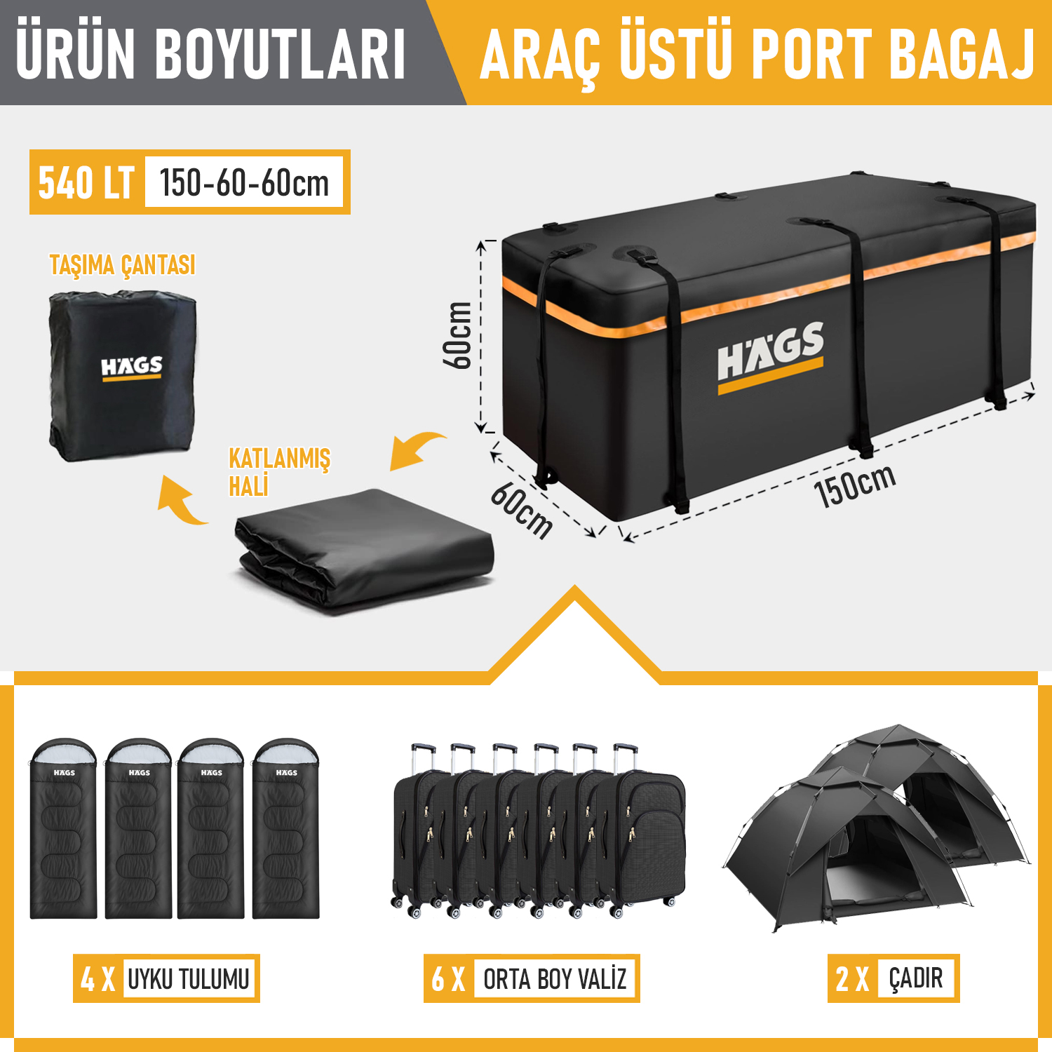 Haegs Araç Üstü Bagaj Çantası Pickup Bagaj içi Çantası Ağır Hizmet Tipi Su Geçirmez Tüm Araç Tavanları için Üst Rafı Çıtası Olan veya Olmayan 540L 150 x 60 x 60cm Siyah - Turuncu 2