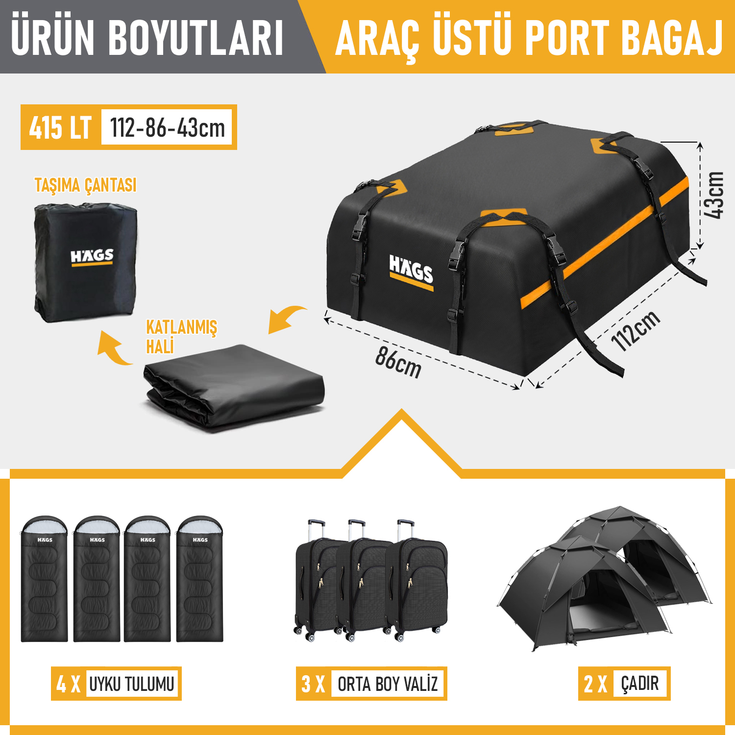 Haegs Araç Üstü Bagaj Çantası Port Bagaj Araç Üstü Tavan Çantası Ağır Hizmet Tipi Su Geçirmez Tüm Araç Tavanları için Üst Rafı Çıtası Olan veya Olmayan 415L 112 x 86 x 43cm Siyah - Turuncu 2