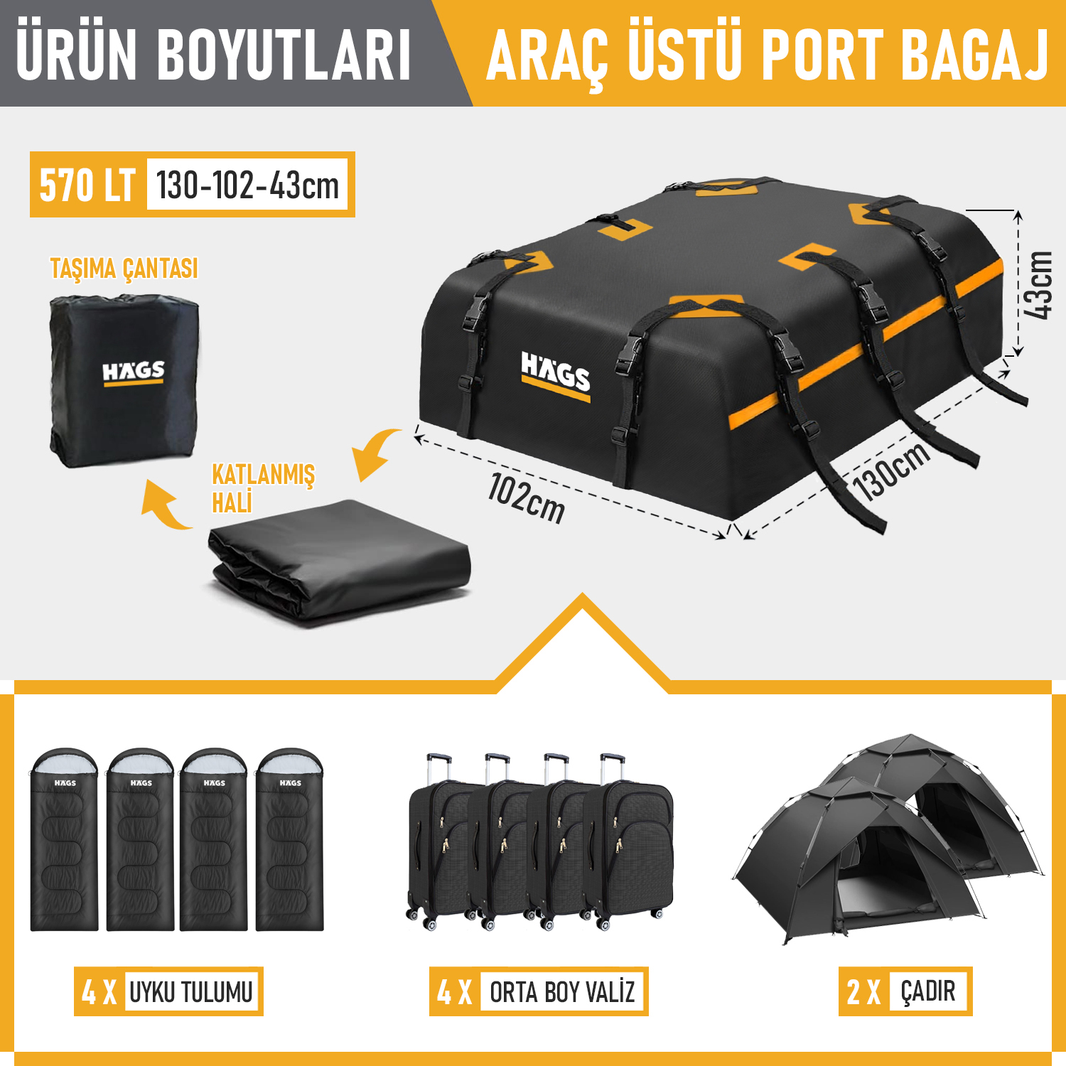 Haegs Araç Üstü Bagaj Çantası Port Bagaj Araç Üstü Tavan Çantası Ağır Hizmet Tipi Su Geçirmez Tüm Araç Tavanları için Üst Rafı Çıtası Olan veya Olmayan 570L 130 x 102 x 43cm Siyah - Turuncu 2