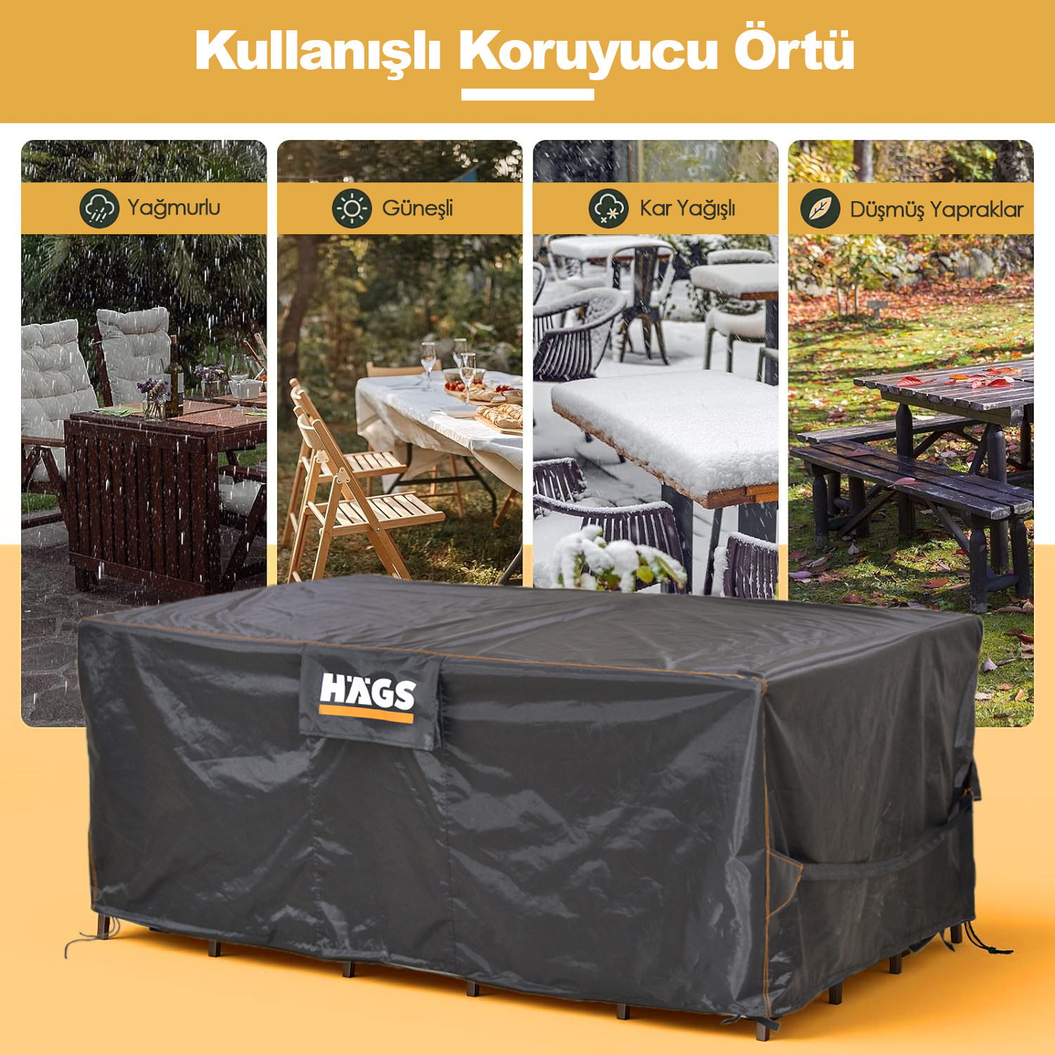 Haegs Bahçe Mobilyası Örtüsü 125x90x74cm Ağır Hizmet Oxford Kumaş Su Geçirmez Dış Mekan Veranda Masa Örtüsü Havalandırmalı Masa ve Sandalye Koruma Kılıfı 7