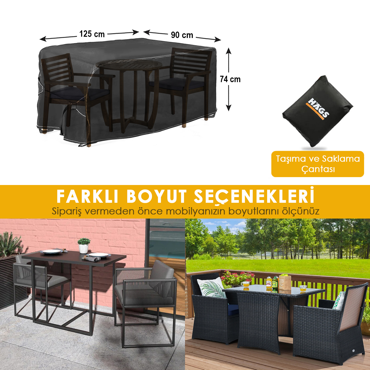 Haegs Bahçe Mobilyası Örtüsü 125x90x74cm Ağır Hizmet Oxford Kumaş Su Geçirmez Dış Mekan Veranda Masa Örtüsü Havalandırmalı Masa ve Sandalye Koruma Kılıfı 2