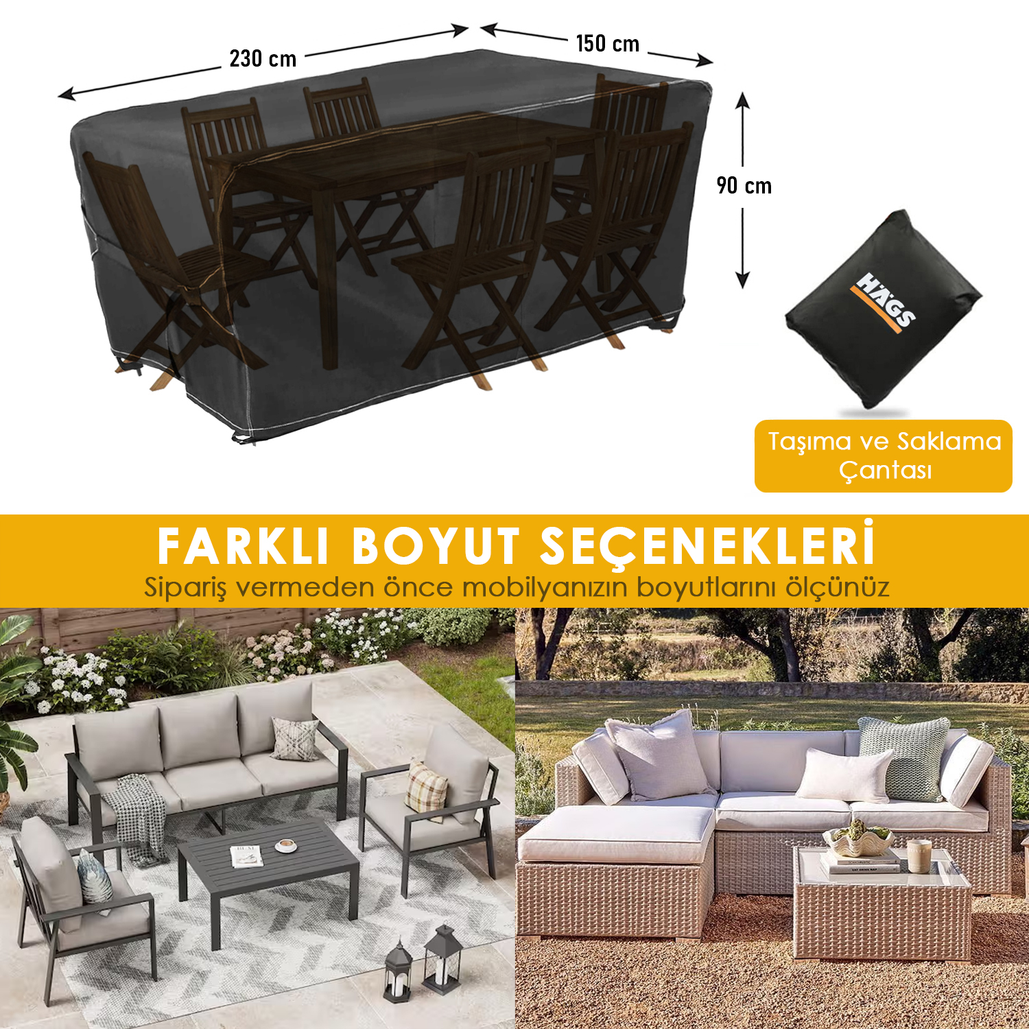 Haegs Bahçe Mobilyası Örtüsü 230-150-90cm Ağır Hizmet Oxford Kumaş Su Geçirmez Dış Mekan Veranda Masa Örtüsü Havalandırmalı Masa ve Sandalye Koruma Kılıfı Gri 2