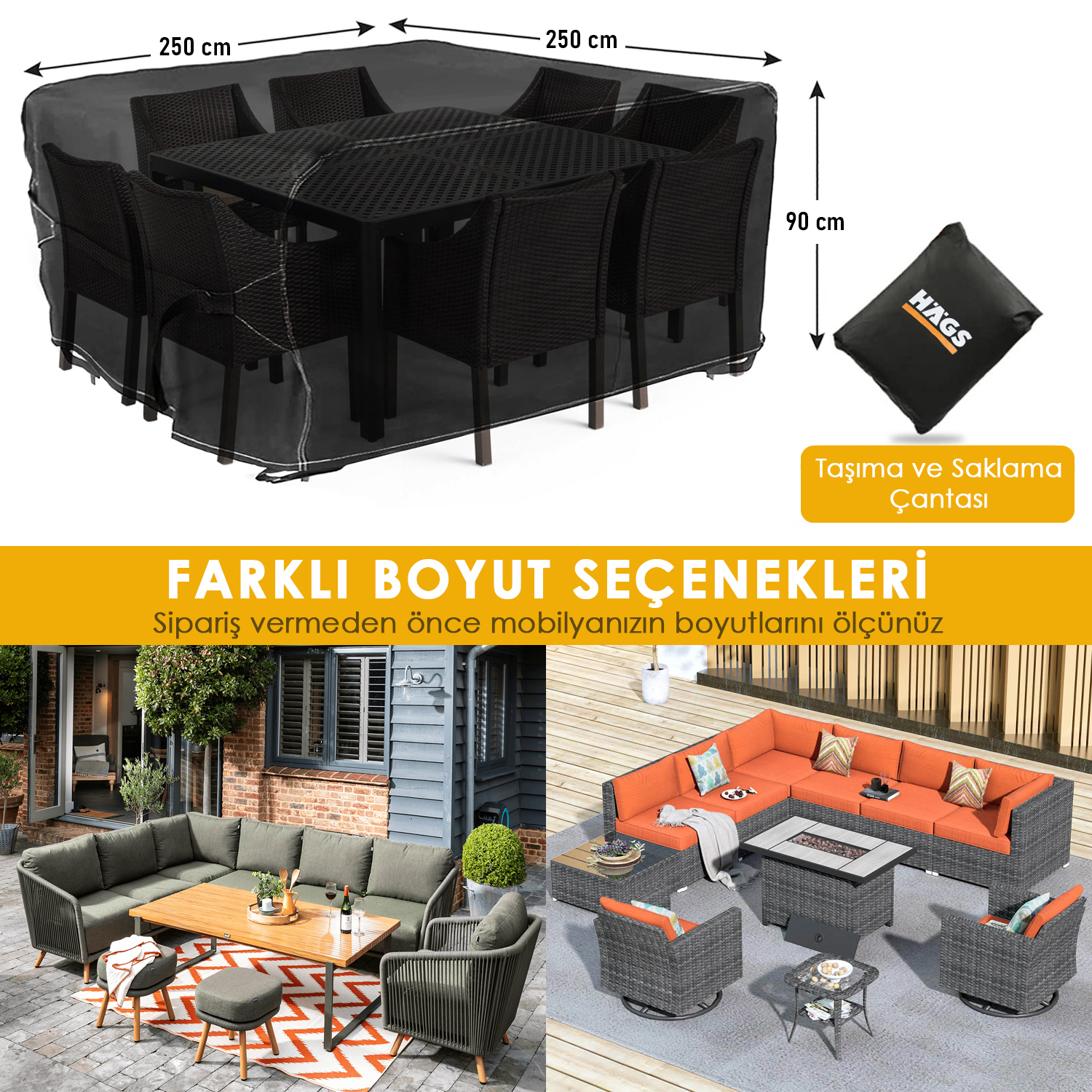 Haegs Bahçe Mobilyası Örtüsü 250-250-90cm Ağır Hizmet Oxford Kumaş Su Geçirmez Dış Mekan Veranda Masa Örtüsü Havalandırmalı Masa ve Sandalye Koruma Kılıfı Gri 2