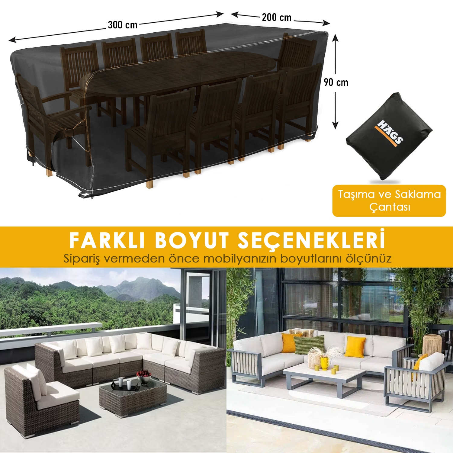 Haegs Bahçe Mobilyası Örtüsü 300-200-90cm Ağır Hizmet Oxford Kumaş Su Geçirmez Dış Mekan Veranda Masa Örtüsü Havalandırmalı Masa ve Sandalye Koruma Kılıfı Siyah 2