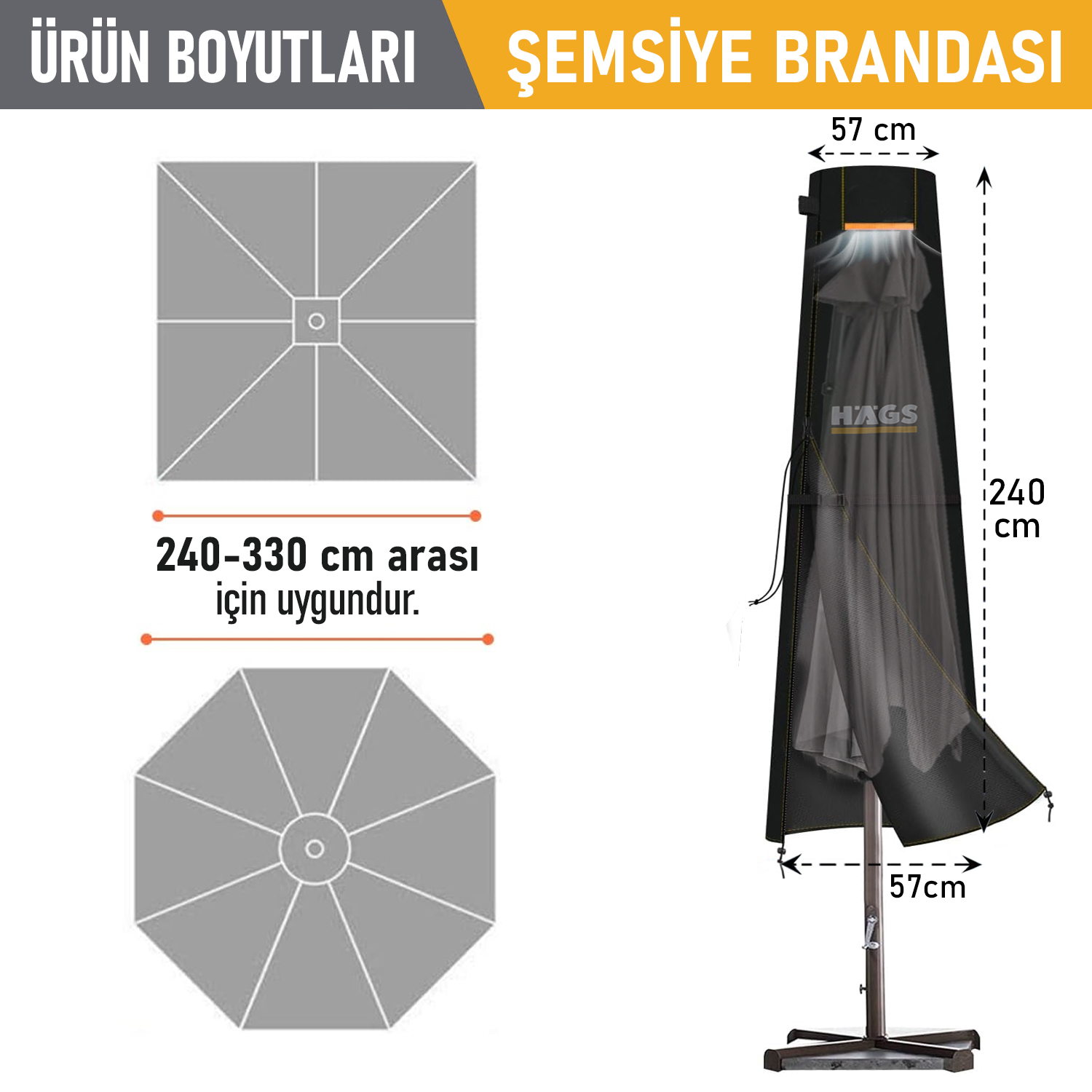 Haegs Bahçe Şemsiye Kılıfı Veranda Parasol Konsol Şemsiyesi Brandası Koruma Örtüsü Su Geçirmez Hava Koşullarına Dayanıklı Bahçe Gölgelik Güneşlik Örtüsü 210-45 72 32 cm Siyah 2