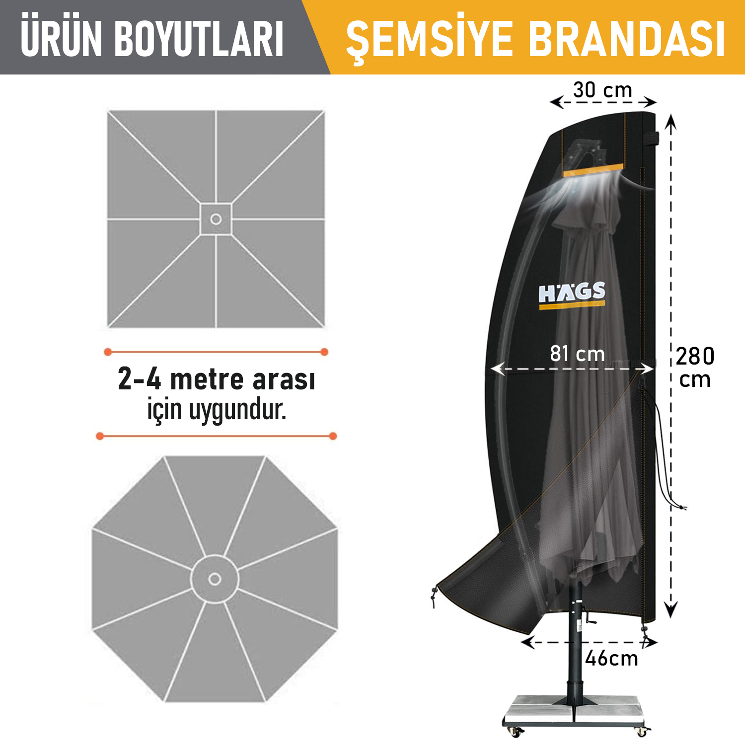 Haegs Bahçe Şemsiye Kılıfı Veranda Parasol Konsol Şemsiyesi Brandası Koruma Örtüsü Su Geçirmez Hava Koşullarına Dayanıklı Bahçe Gölgelik Güneşlik Örtüsü 280-30 81 46 cm Siyah 2