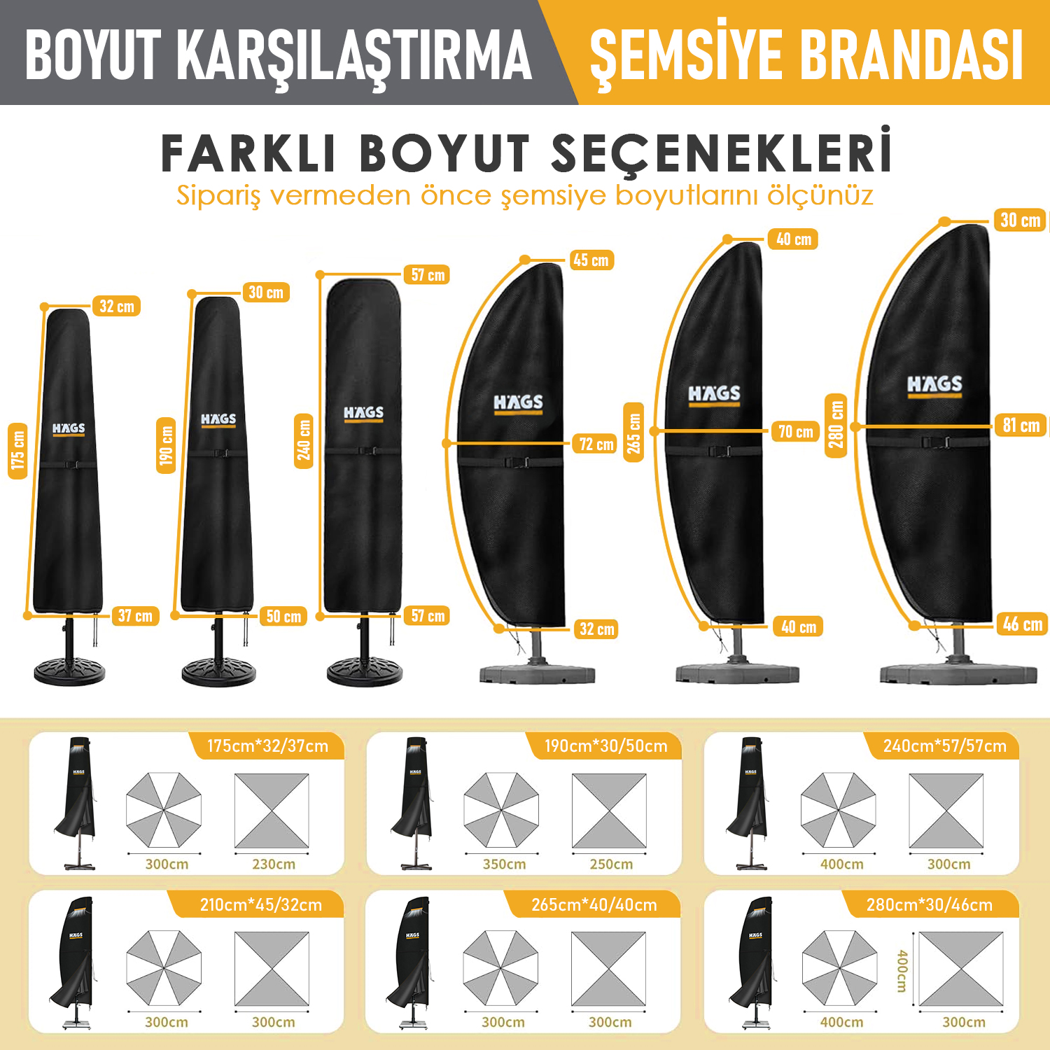 Haegs Bahçe Şemsiye Kılıfı Veranda Parasol Konsol Şemsiyesi Brandası Koruma Örtüsü Su Geçirmez Hava Koşullarına Dayanıklı Bahçe Gölgelik Güneşlik Örtüsü 265-40 70 40 cm Siyah 3