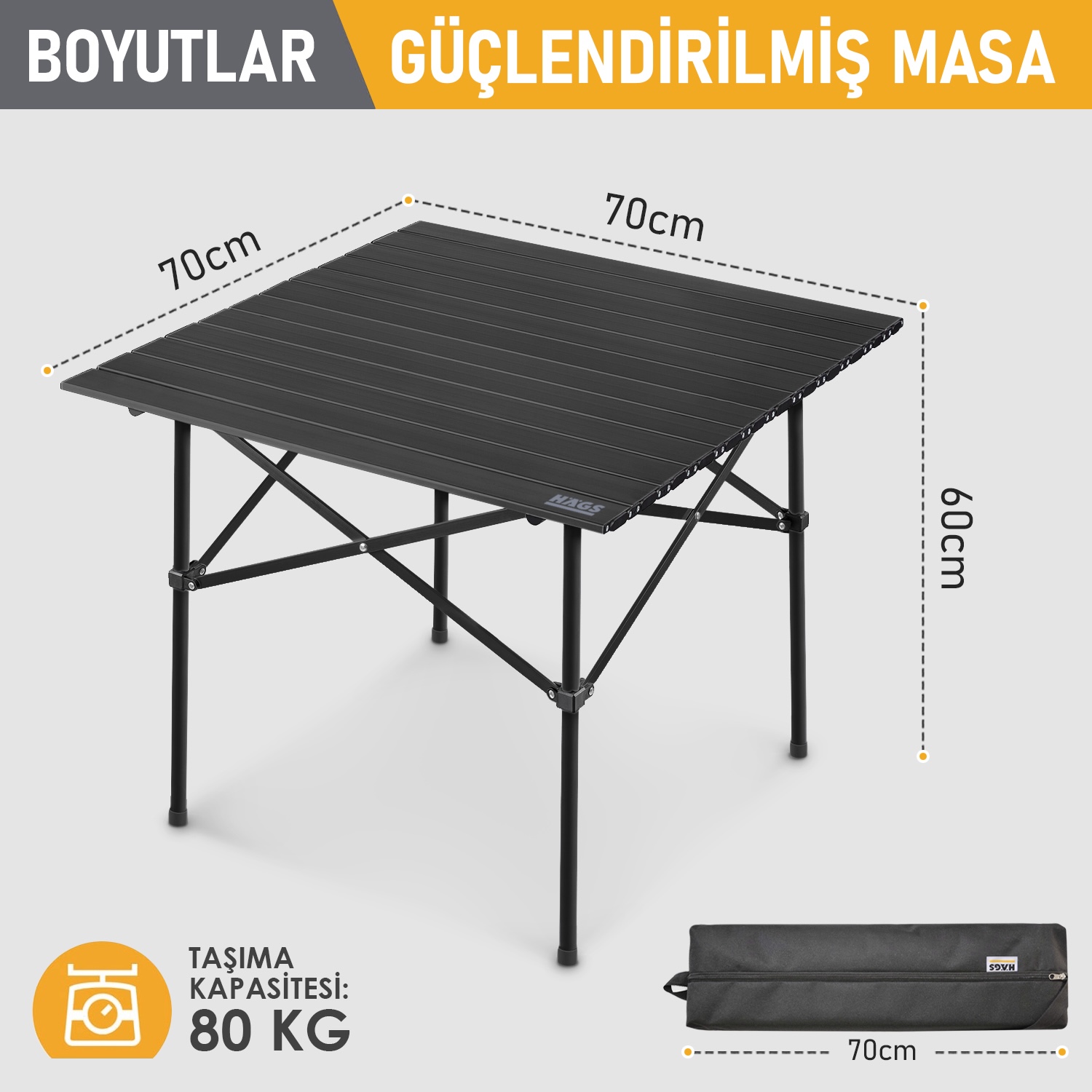 Haegs Güçlendirilmiş Alüminyum Katlanır Kamp Masası Katlanabilir Outdoor Masa Piknik Masası Menteşeli Sistem Dayanıklı Sağlam Gövdeli Kamp Masası Taşınabilir Hafif 3-4 Kişilik 70x70x60cm Siyah 2