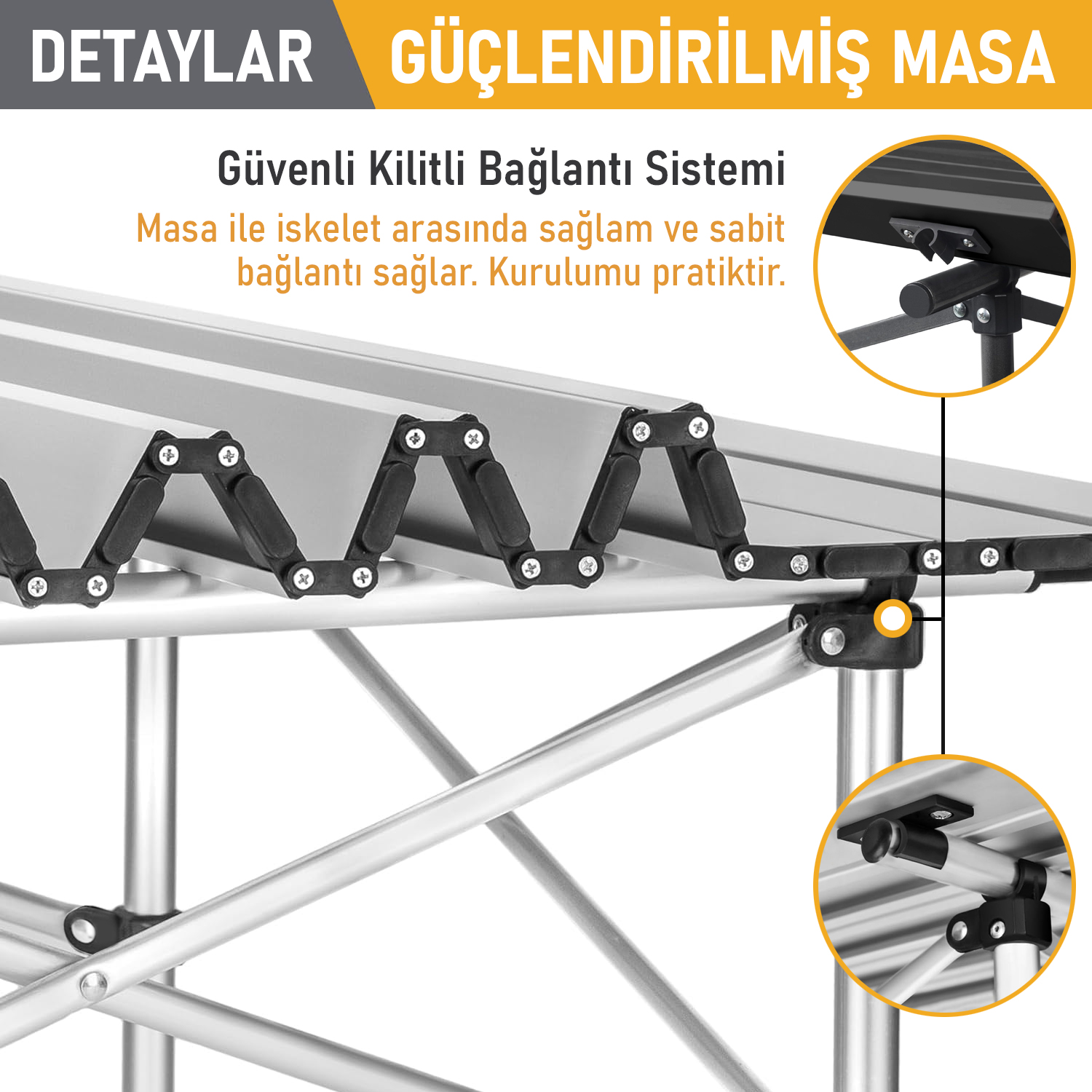 Haegs Güçlendirilmiş Alüminyum Katlanır Kamp Masası Katlanabilir Outdoor Masa Piknik Masası Menteşeli Sistem Dayanıklı Sağlam Gövdeli Kamp Masası Taşınabilir Hafif 3-4 Kişilik 70x70x60cm Siyah 3