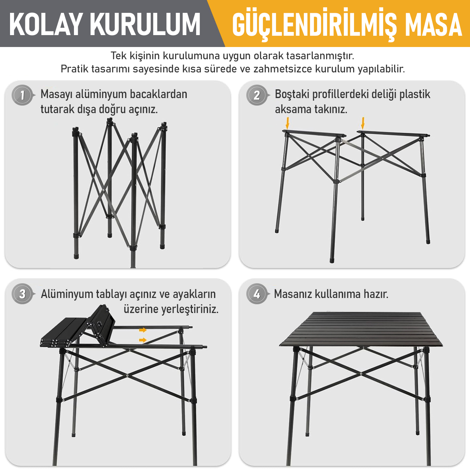 Haegs Güçlendirilmiş Alüminyum Katlanır Kamp Masası Katlanabilir Outdoor Masa Piknik Masası Menteşeli Sistem Dayanıklı Sağlam Gövdeli Kamp Masası Taşınabilir Hafif 3-4 Kişilik 70x70x60cm Siyah 6