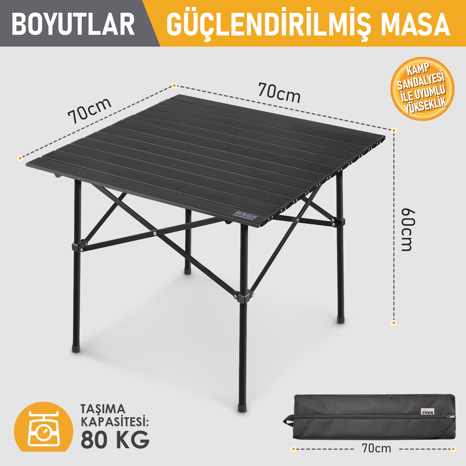 Haegs Güçlendirilmiş Alüminyum Katlanır Kamp Masası Katlanabilir Outdoor Masa Piknik Masası Menteşeli Sistem Dayanıklı Sağlam Gövdeli Kamp Masası Taşınabilir Hafif 3-4 Kişilik 70x70x60cm Siyah 2