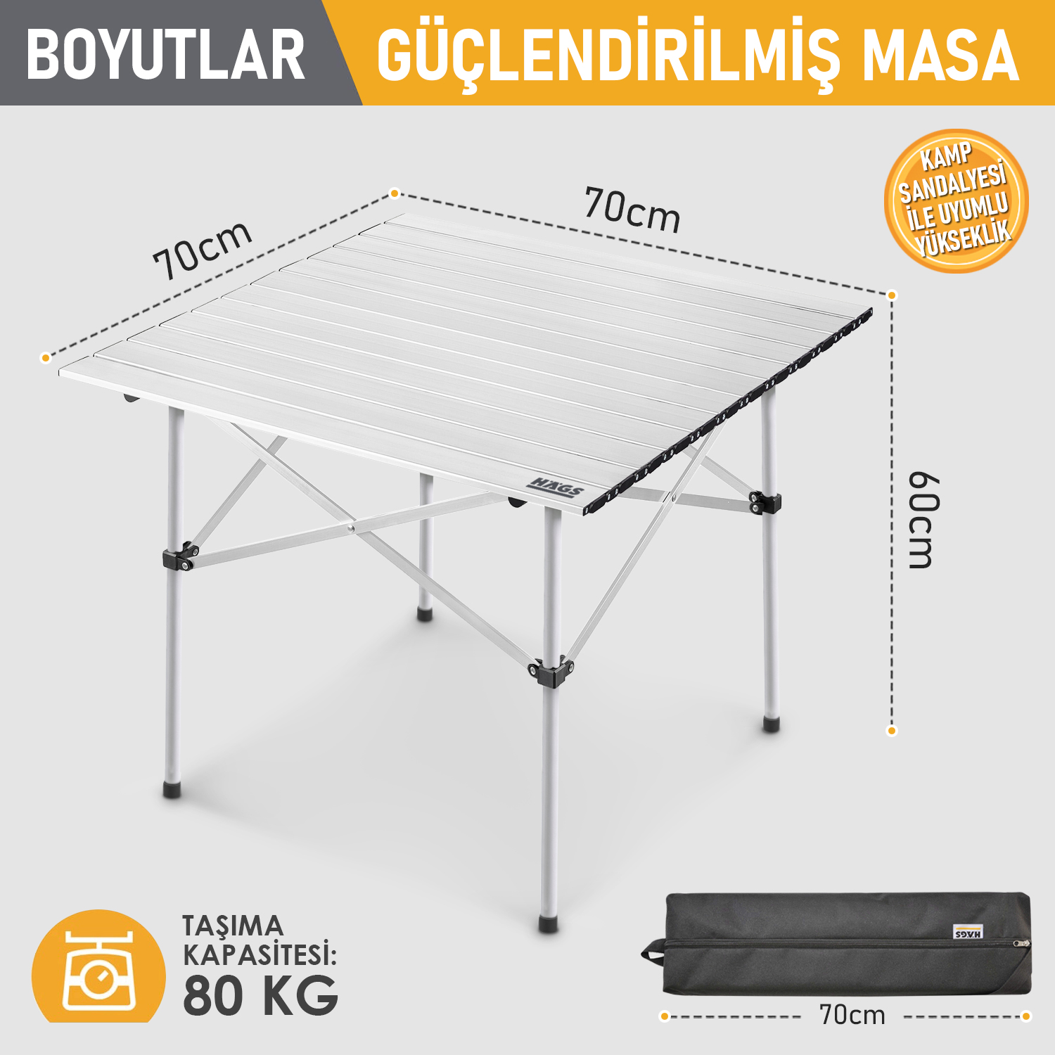 Haegs Güçlendirilmiş Alüminyum Katlanır Kamp Masası Katlanabilir Outdoor Masa Piknik Masası Menteşeli Sistem Dayanıklı Sağlam Gövdeli Kamp Masası Taşınabilir Hafif 3-4 Kişilik 70x70x60cm Gümüş 4