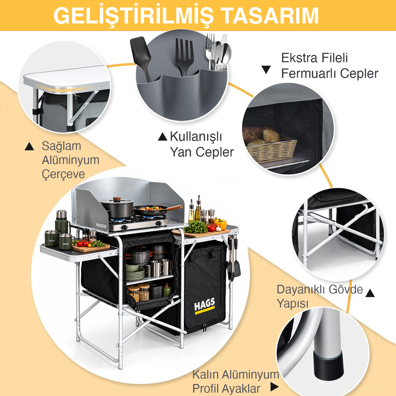 Haegs Kamp Mutfağı Katlanır Alüminyum Kamp Masası Mutfak Tezgahı Portatif Taşınabilir Açık Hava Yemek Pişirme İstasyonu Saklama Dolabı ve Yan Masalı 2 Dolaplı - Hareli Ceviz 7