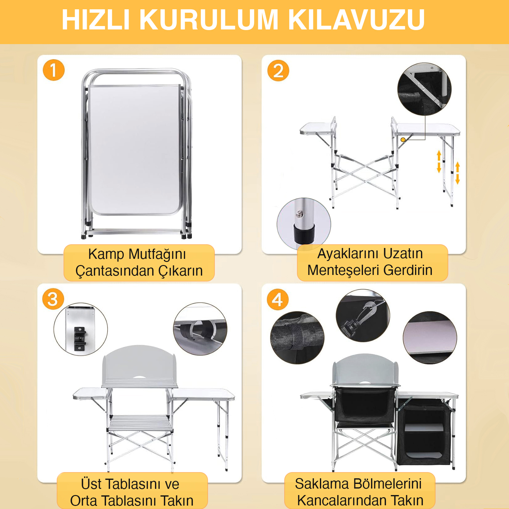 Haegs Kamp Mutfağı Katlanır Alüminyum Kamp Masası Mutfak Tezgahı Portatif Taşınabilir Açık Hava Yemek Pişirme İstasyonu Saklama Dolabı ve Yan Masalı 2 Dolaplı - Hareli Ceviz 8