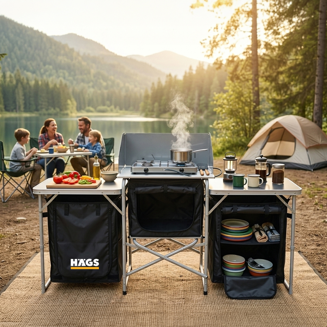 Haegs Kamp Mutfağı Katlanır Alüminyum Kamp Mutfak Tezgahı Masası Portatif Taşınabilir Açık Hava Yemek Pişirme İstasyonu Saklama Dolabı ve Yan Masalar 3 Dolaplı - Kumaş Desenli 8
