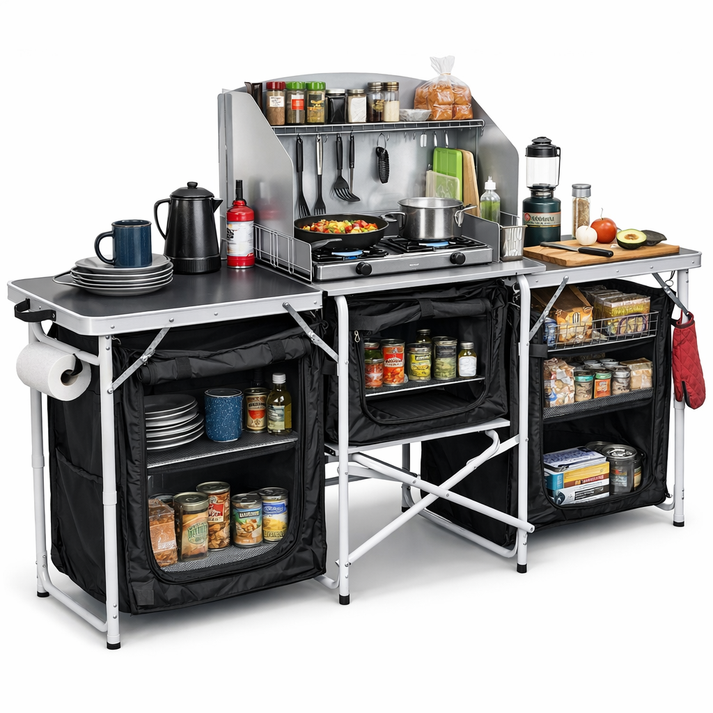 Haegs Kamp Mutfağı Katlanır Alüminyum Kamp Masası Mutfak Tezgahı Portatif Taşınabilir Açık Hava Yemek Pişirme İstasyonu Saklama Dolabı ve Yan Masalar 3 Dolaplı - Antrasit