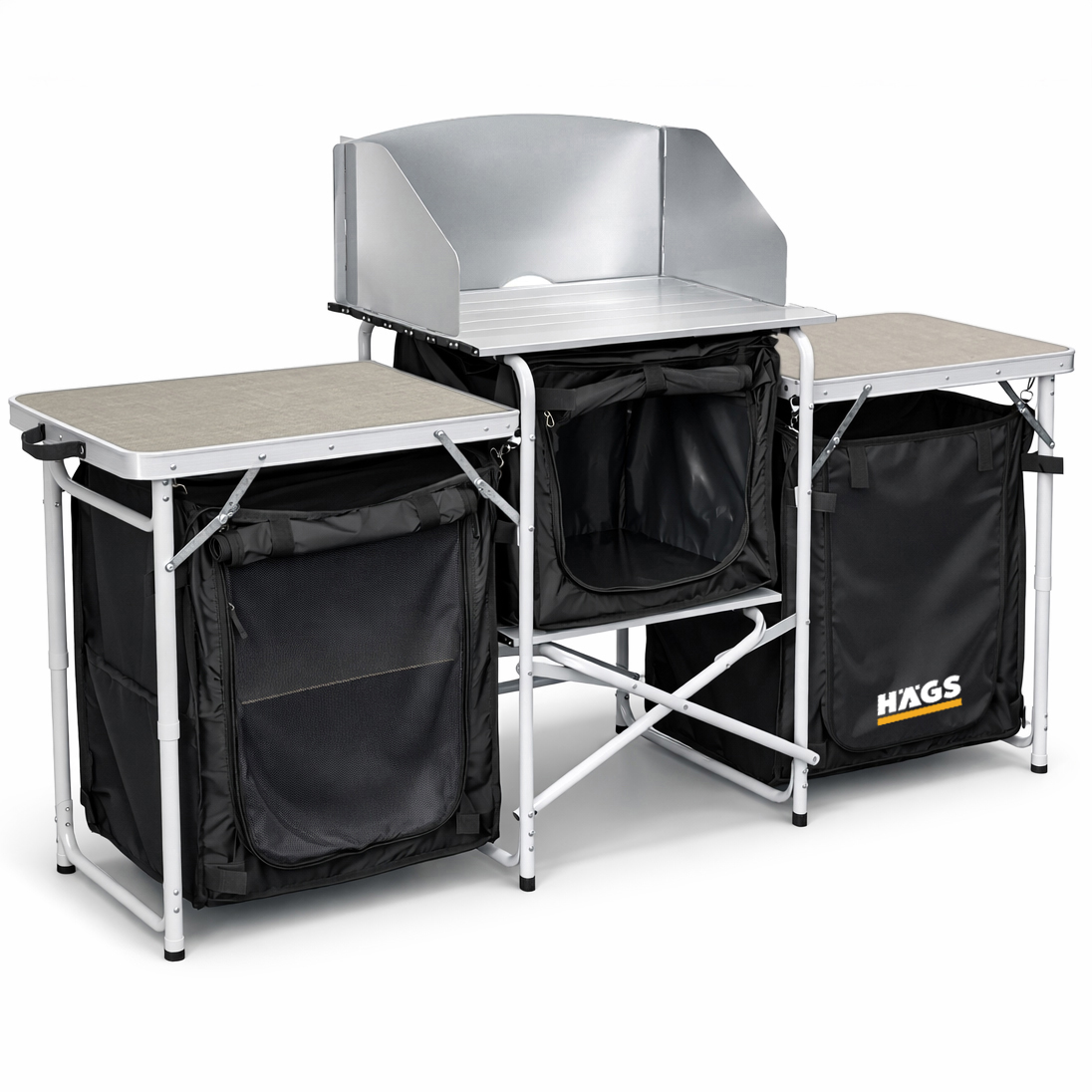 Haegs Kamp Mutfağı Katlanır Alüminyum Kamp Mutfak Tezgahı Masası Portatif Taşınabilir Açık Hava Yemek Pişirme İstasyonu Saklama Dolabı ve Yan Masalar 3 Dolaplı - Kumaş Desenli 3