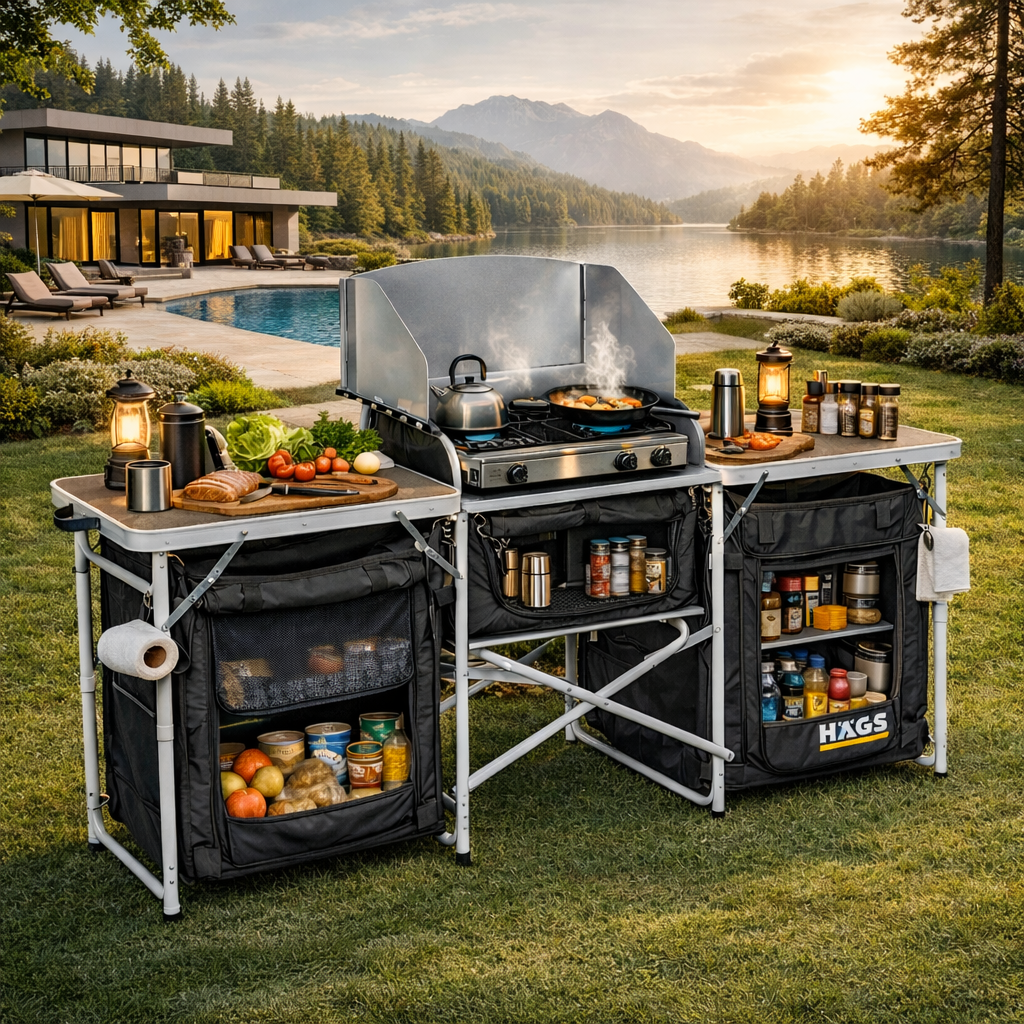 Haegs Kamp Mutfağı Katlanır Alüminyum Kamp Mutfak Tezgah Masası Portatif Taşınabilir Açık Hava Yemek Pişirme İstasyonu Saklama Dolabı ve Yan Masalar 3 Dolaplı - Mermer Desenli 3