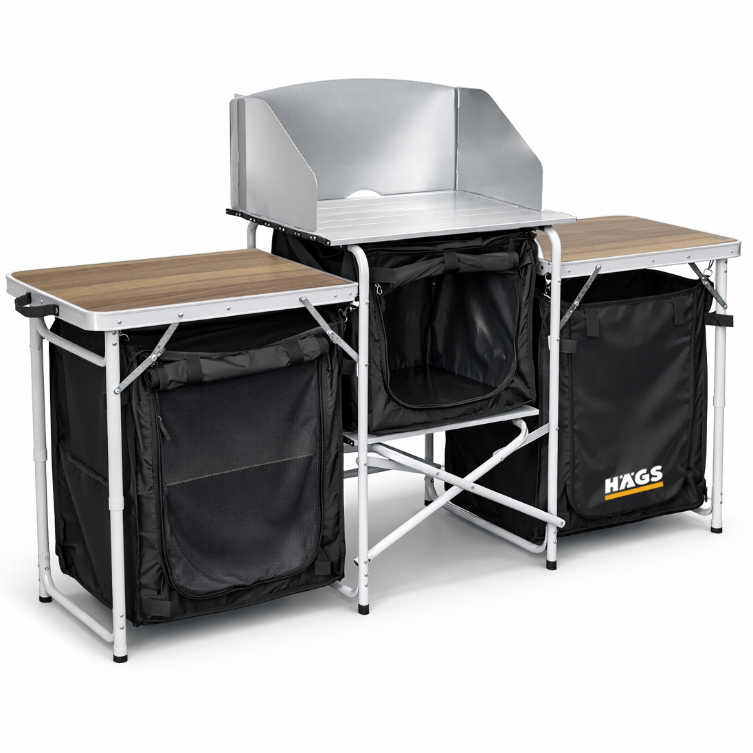 Haegs Kamp Mutfağı Katlanır Alüminyum Kamp Mutfağı Tezgahı Masası Portatif Taşınabilir Açık Hava Yemek Pişirme İstasyonu Saklama Dolabı ve Yan Masalar 3 Dolaplı - Hareli Ceviz Desenli 3