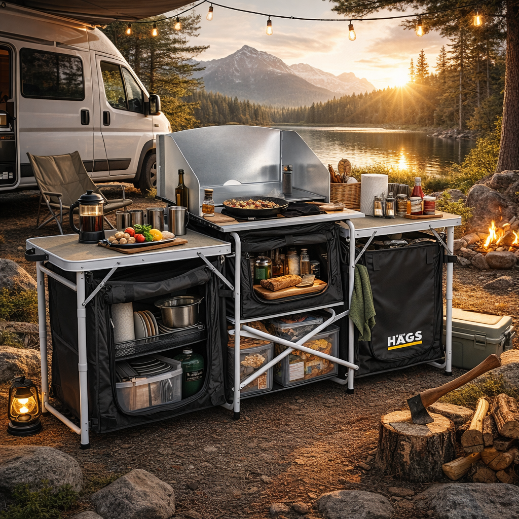 Haegs Kamp Mutfağı Katlanır Alüminyum Kamp Mutfak Tezgahı Masası Portatif Taşınabilir Açık Hava Yemek Pişirme İstasyonu Saklama Dolabı ve Yan Masalar 3 Dolaplı - Kumaş Desenli 4