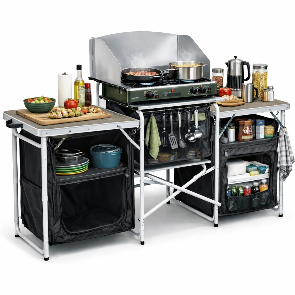 Haegs Kamp Mutfağı Katlanır Alüminyum Kamp Mutfak Tezgah Masası Portatif Taşınabilir Açık Hava Yemek Pişirme İstasyonu Saklama Dolabı ve Yan Masalar 3 Dolaplı - Mermer Desenli