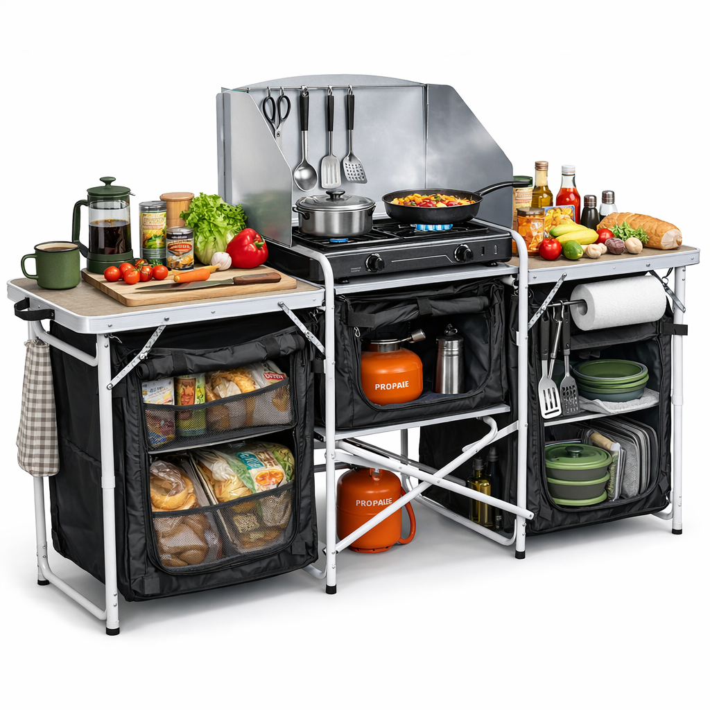 Haegs Kamp Mutfağı Katlanır Alüminyum Kamp Mutfak Tezgahı Masası Portatif Taşınabilir Açık Hava Yemek Pişirme İstasyonu Saklama Dolabı ve Yan Masalar 3 Dolaplı - Kumaş Desenli