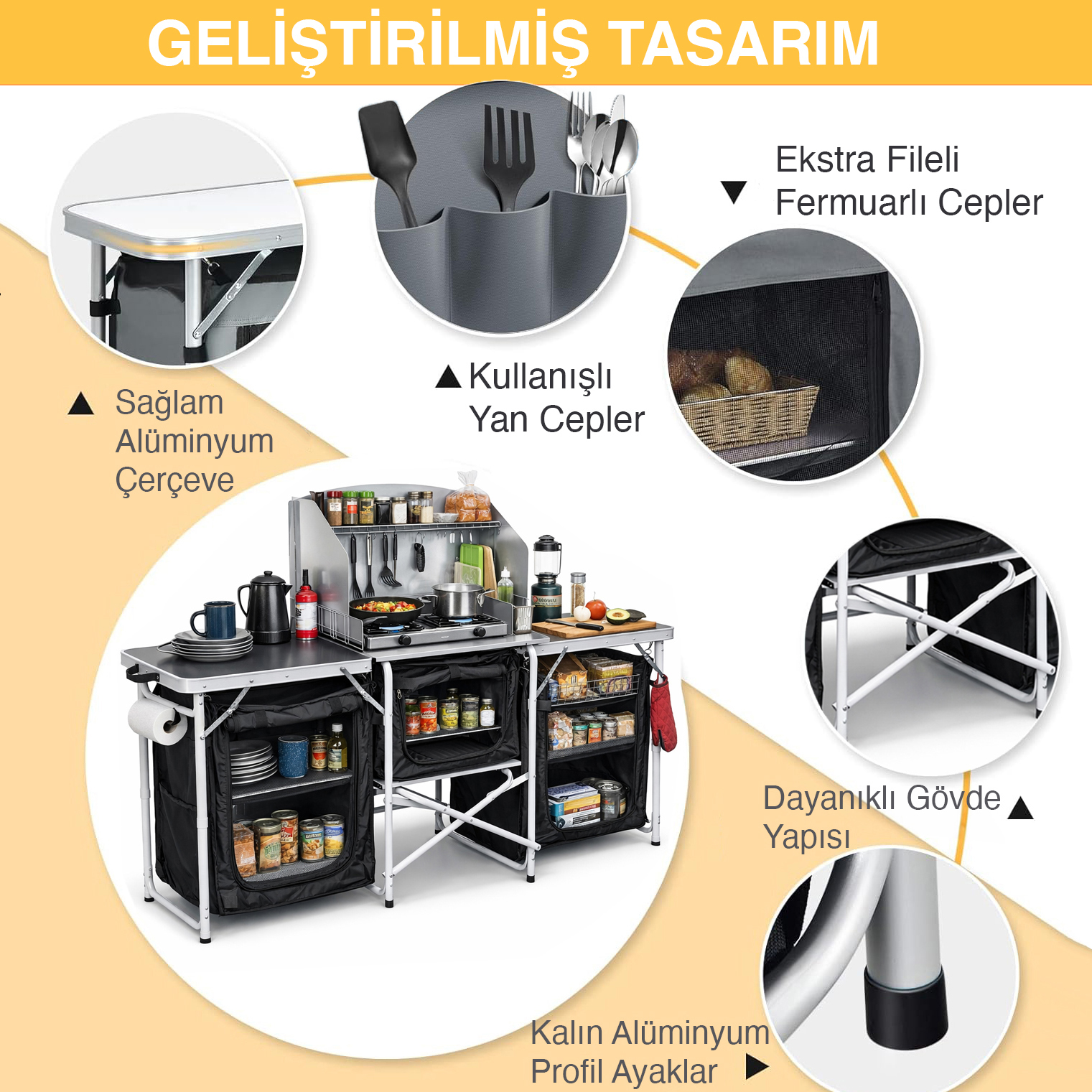 Haegs Kamp Mutfağı Katlanır Alüminyum Kamp Mutfak Tezgahı Masası Portatif Taşınabilir Açık Hava Yemek Pişirme İstasyonu Saklama Dolabı ve Yan Masalar 3 Dolaplı - Kumaş Desenli 5