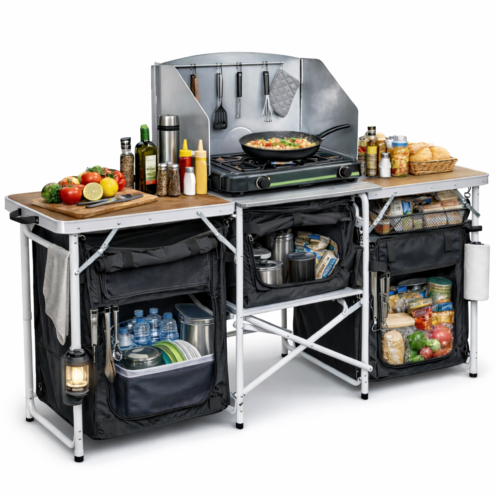 Haegs Kamp Mutfağı Katlanır Alüminyum Kamp Mutfağı Tezgahı Masası Portatif Taşınabilir Açık Hava Yemek Pişirme İstasyonu Saklama Dolabı ve Yan Masalar 3 Dolaplı - Hareli Ceviz Desenli