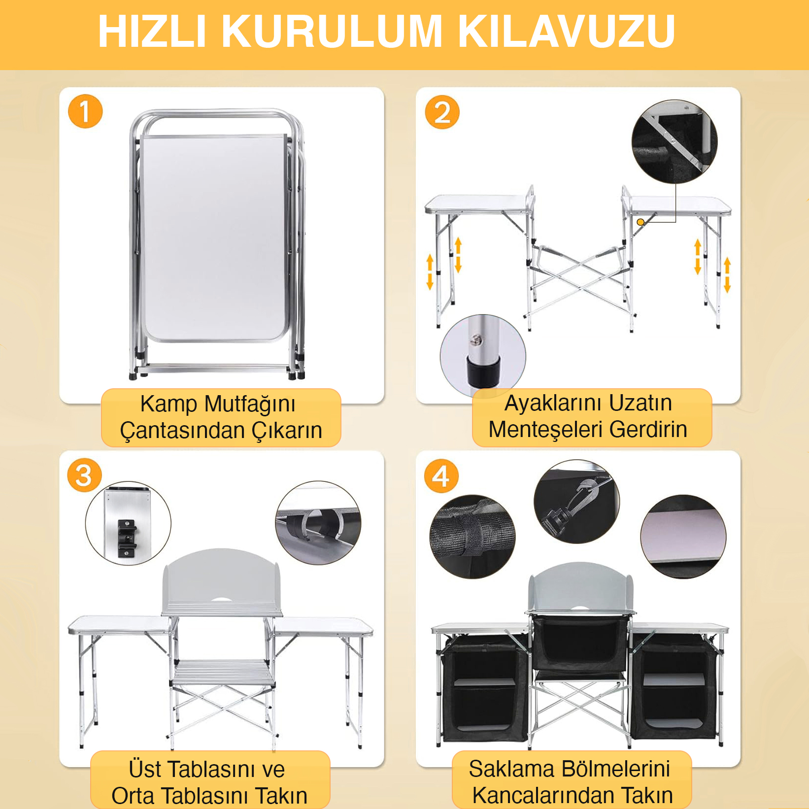 Haegs Kamp Mutfağı Katlanır Alüminyum Kamp Mutfak Tezgahı Masası Portatif Taşınabilir Açık Hava Yemek Pişirme İstasyonu Saklama Dolabı ve Yan Masalar 3 Dolaplı - Kumaş Desenli 7