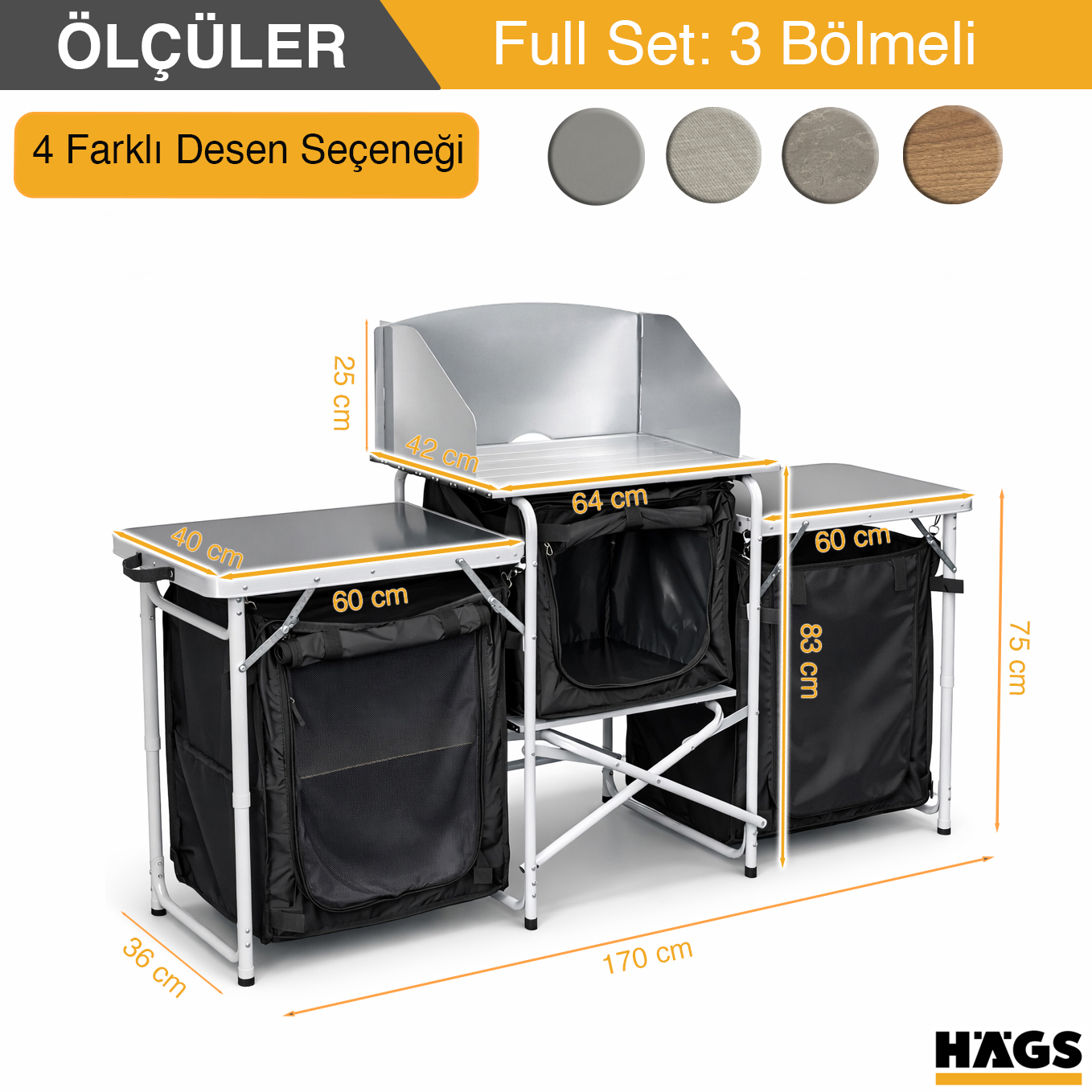 Haegs Kamp Mutfağı Katlanır Alüminyum Kamp Mutfak Tezgahı Masası Portatif Taşınabilir Açık Hava Yemek Pişirme İstasyonu Saklama Dolabı ve Yan Masalar 3 Dolaplı - Kumaş Desenli 6