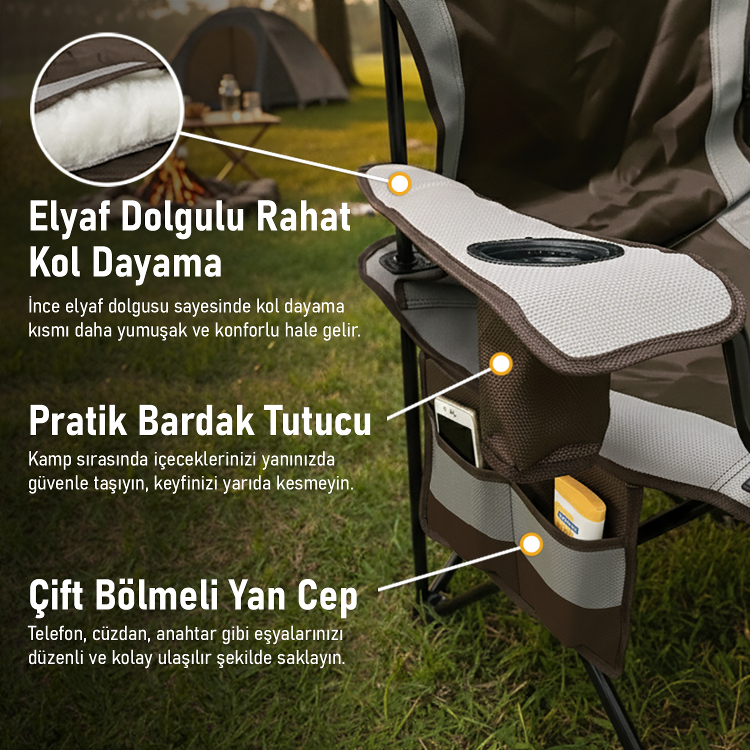 Haegs Kamp Sandalyesi Outdoor Plaj ve Piknik için Katlanır Kamp Sandalyesi Saklama Cepli Bardak Tutuculu Extra Destekli Su Geçirmez Kumaş - 120 Kg Taşıma Kapasiteli XL Boy- Yeşil - Beyaz 4
