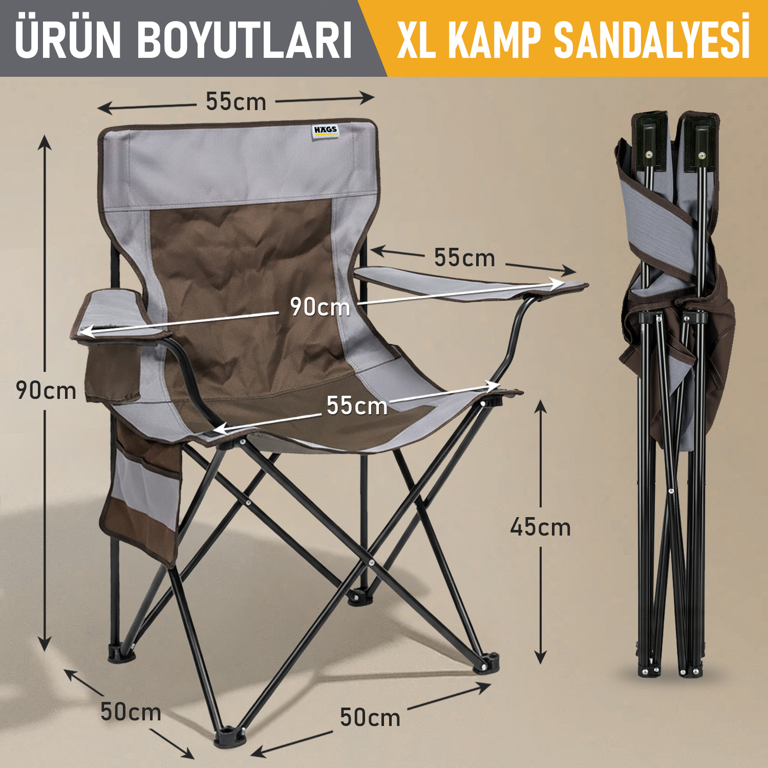 Haegs Kamp Sandalyesi Outdoor Plaj ve Piknik için Katlanır Kamp Sandalyesi Saklama Cepli Bardak Tutuculu Extra Destekli Su Geçirmez Kumaş - 120 Kg Taşıma Kapasiteli XL Boy- Kahve - Gri 2