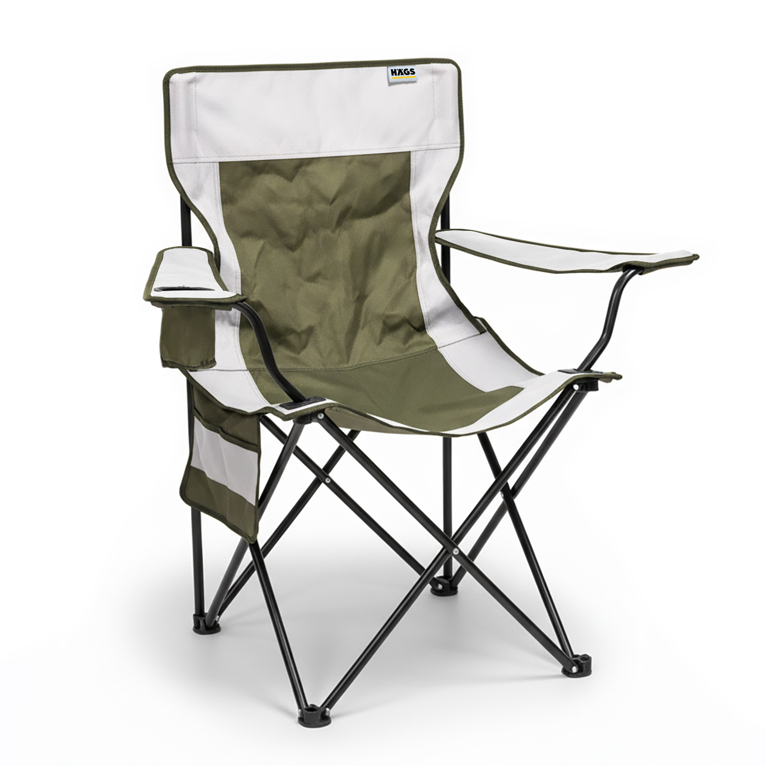 Haegs Kamp Sandalyesi Outdoor Plaj ve Piknik için Katlanır Kamp Sandalyesi Saklama Cepli Bardak Tutuculu Extra Destekli Su Geçirmez Kumaş - 120 Kg Taşıma Kapasiteli XL Boy- Yeşil - Beyaz
