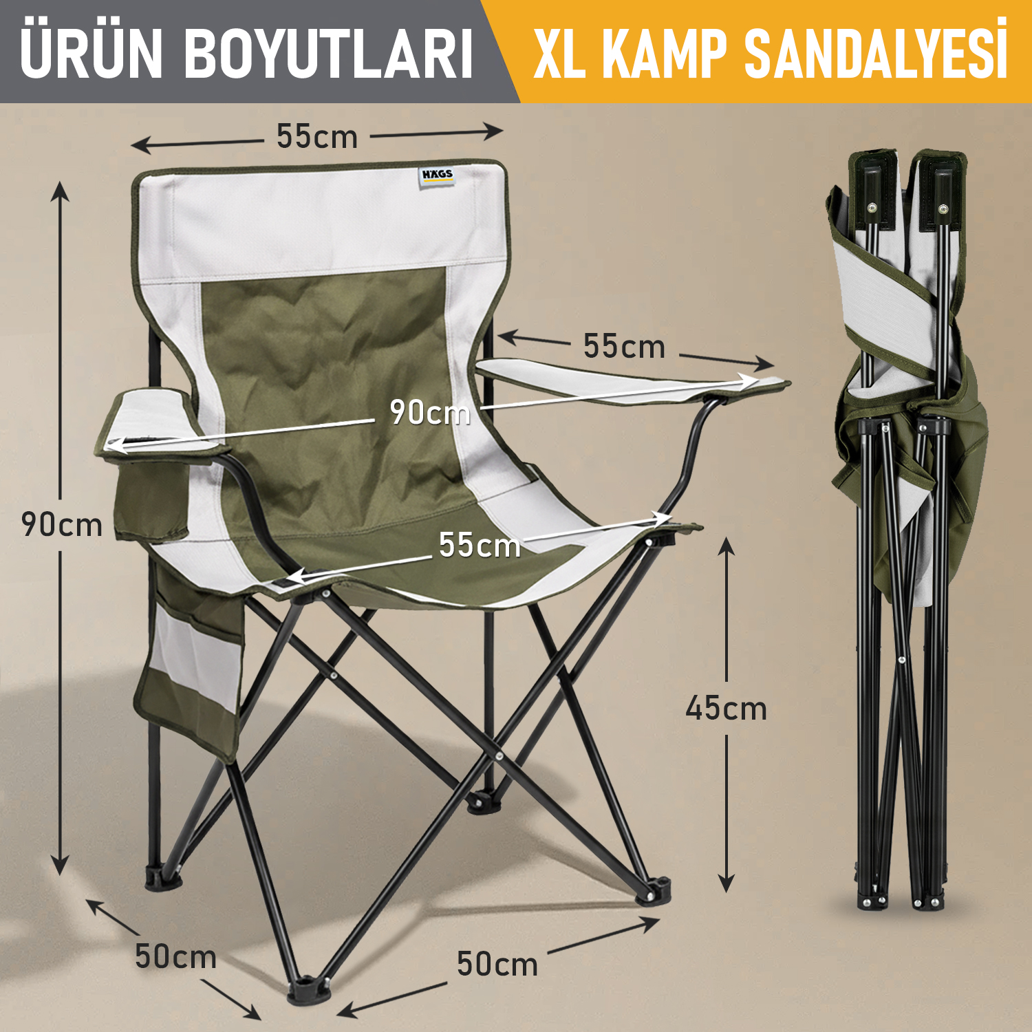 Haegs Kamp Sandalyesi Outdoor Plaj ve Piknik için Katlanır Kamp Sandalyesi Saklama Cepli Bardak Tutuculu Extra Destekli Su Geçirmez Kumaş - 120 Kg Taşıma Kapasiteli XL Boy- Yeşil - Beyaz 2