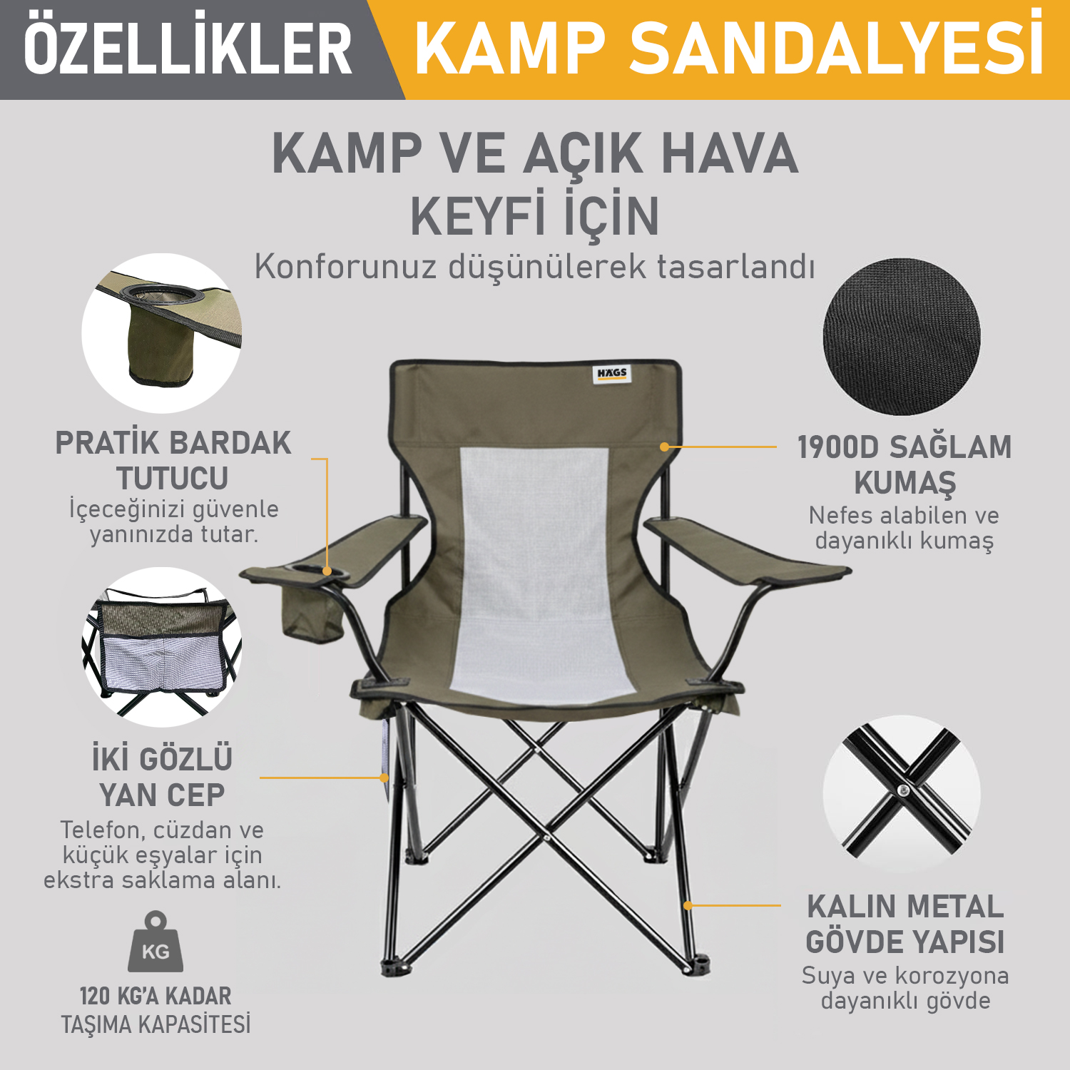Haegs Kamp Sandalyesi Outdoor Plaj ve Piknik için Katlanır Kamp Sandalyesi Saklama Cepli Bardak Tutuculu Extra Destekli 120 Kg Taşıma Kapasiteli Standart Boy - Haki 3