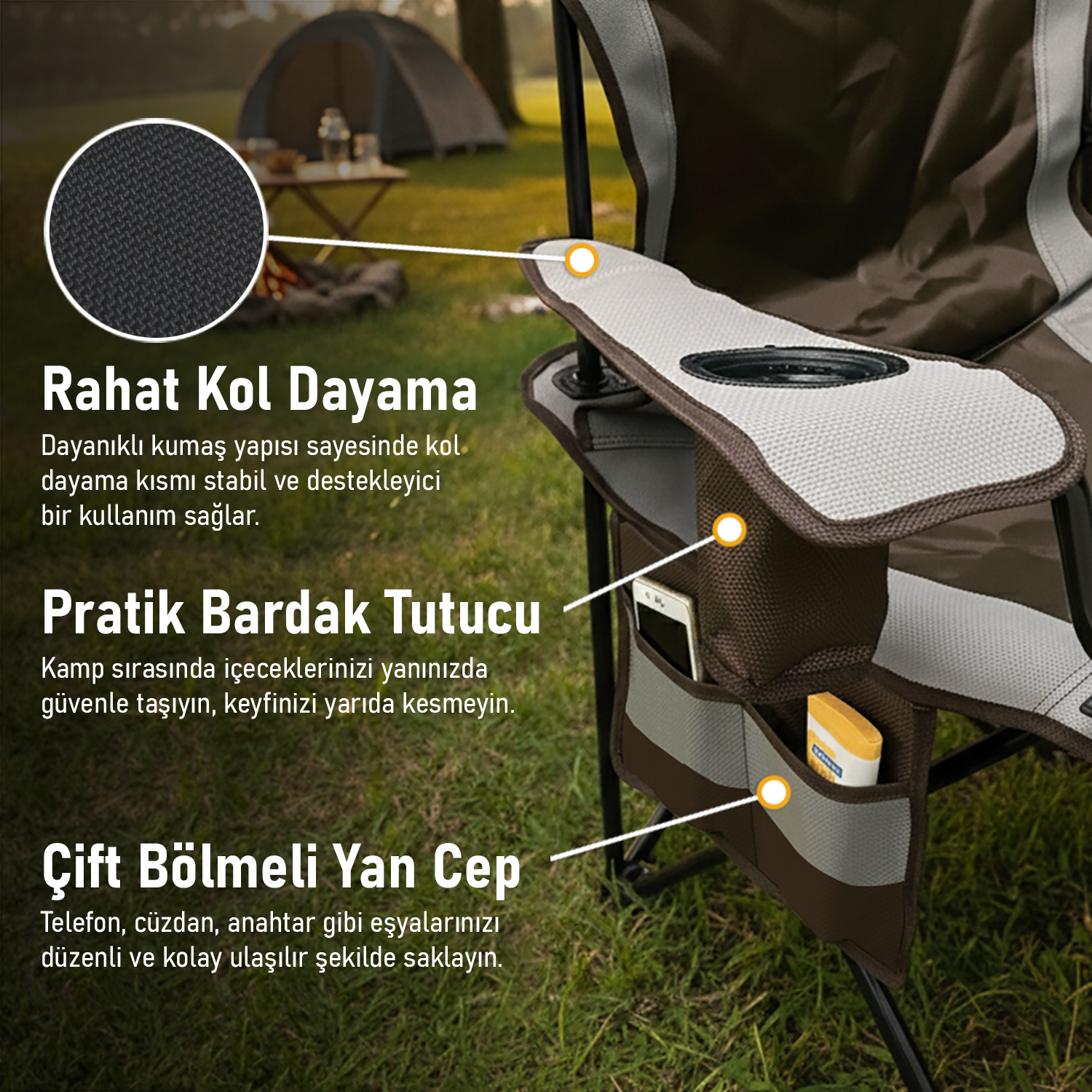 Haegs Kamp Sandalyesi Outdoor Plaj ve Piknik için Katlanır Kamp Sandalyesi Saklama Cepli Bardak Tutuculu Extra Destekli 120 Kg Taşıma Kapasiteli Standart Boy - Haki 4