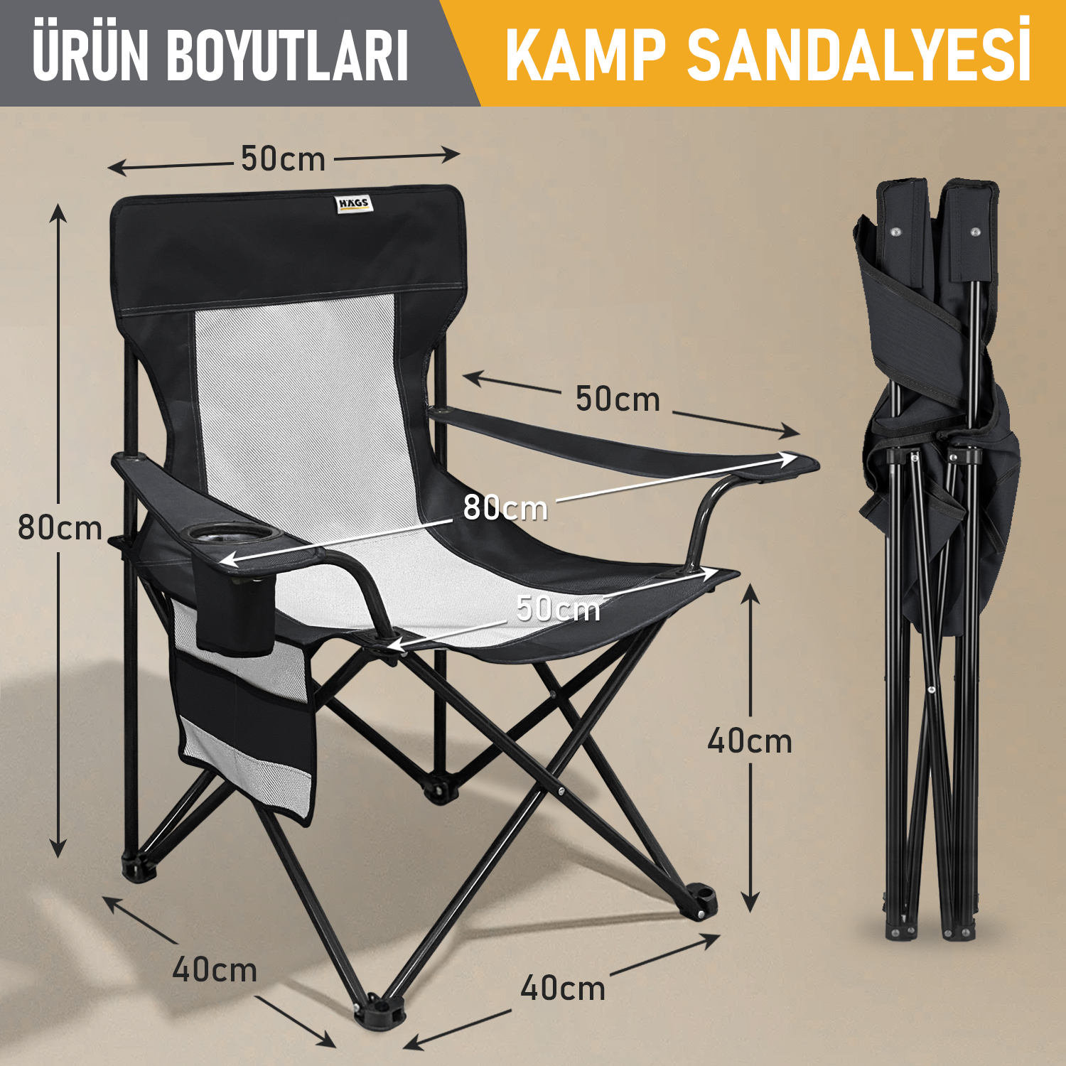 Haegs Kamp Sandalyesi Outdoor Plaj ve Piknik için Katlanır Kamp Sandalyesi Saklama Cepli Bardak Tutuculu Extra Destekli 120 Kg Taşıma Kapasiteli Standart Boy - Siyah 2