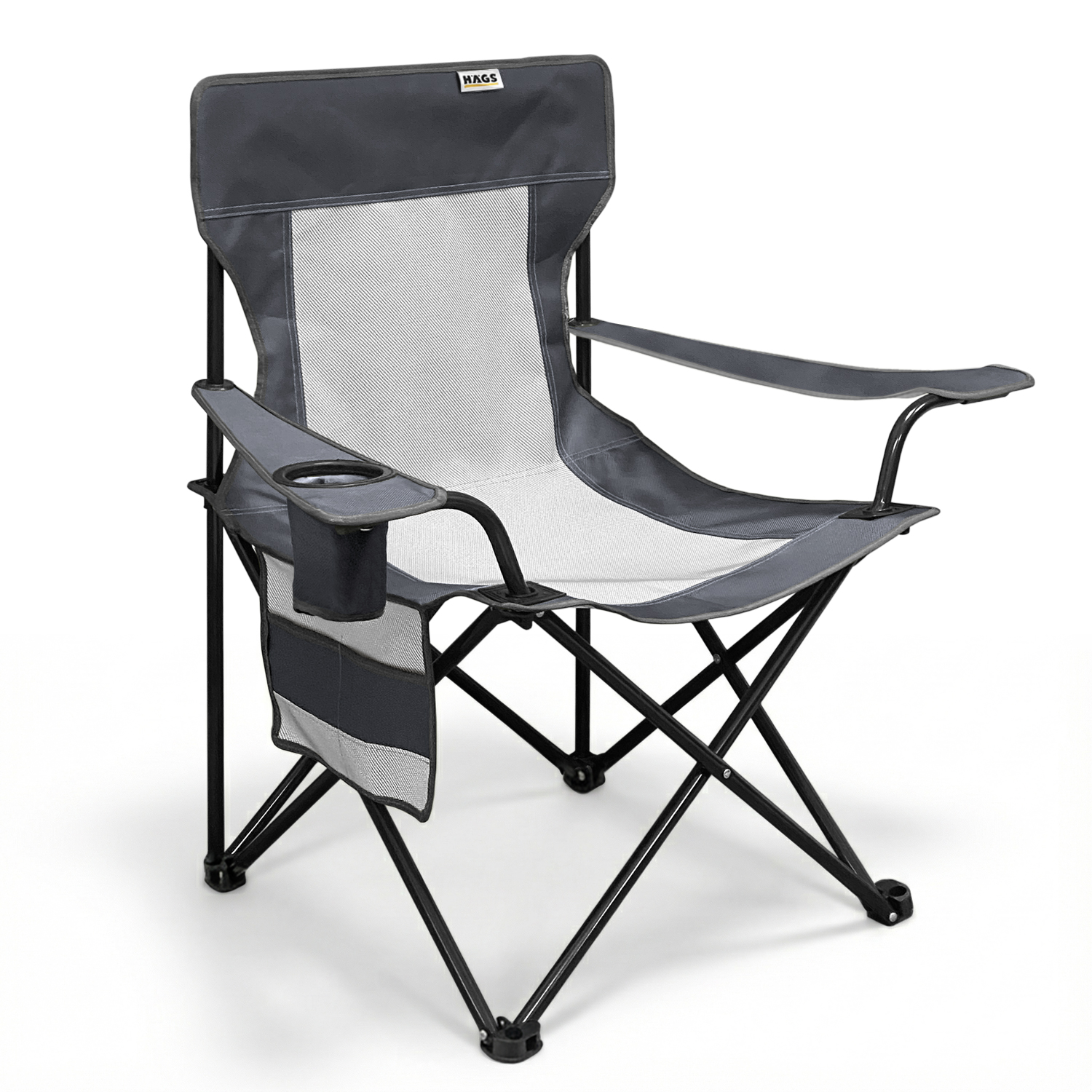 Haegs Kamp Sandalyesi Outdoor Plaj ve Piknik için Katlanır Kamp Sandalyesi Saklama Cepli Bardak Tutuculu Extra Destekli 120 Kg Taşıma Kapasiteli Standart Boy - Gri