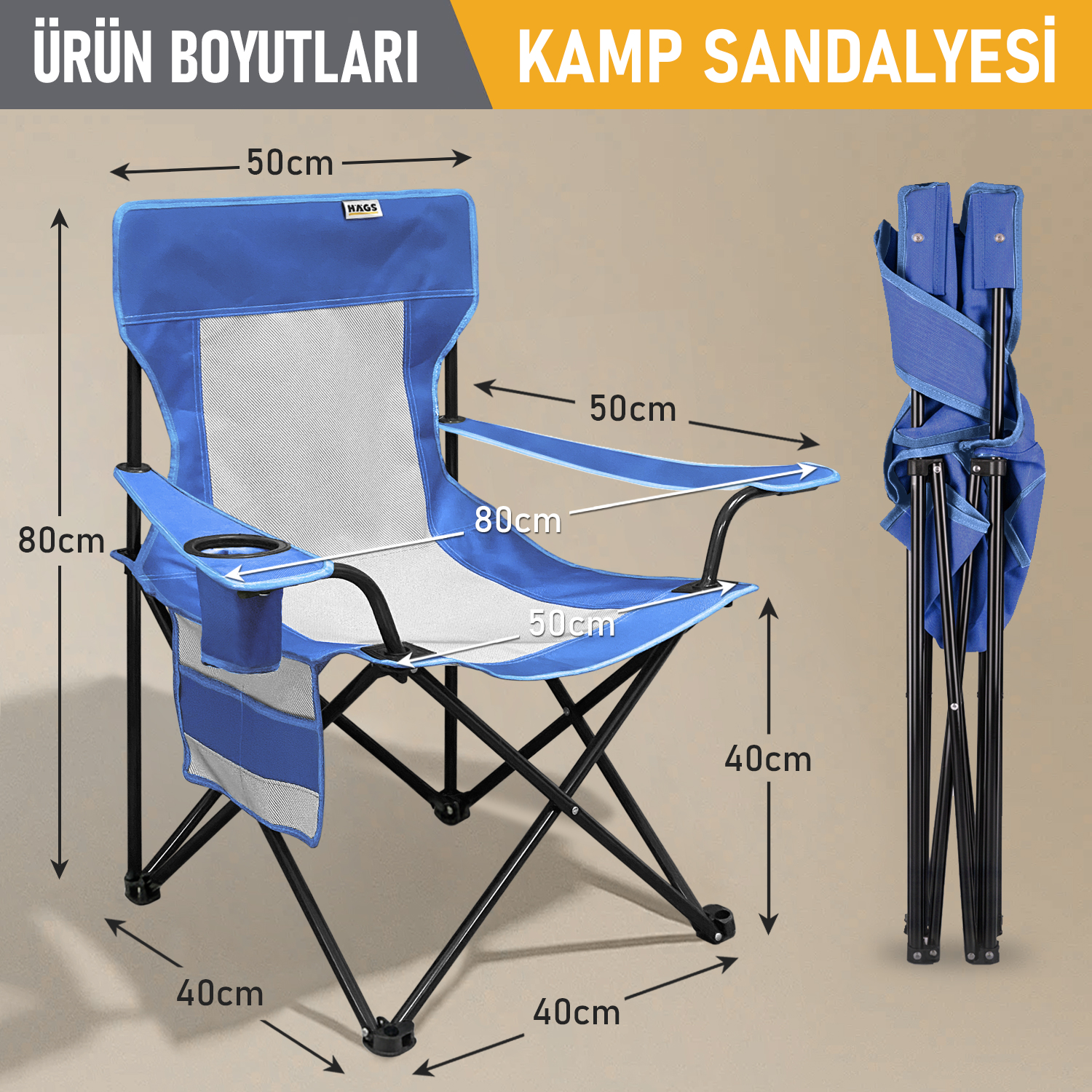 Haegs Kamp Sandalyesi Outdoor Plaj ve Piknik için Katlanır Kamp Sandalyesi Saklama Cepli Bardak Tutuculu Extra Destekli 120 Kg Taşıma Kapasiteli Standart Boy - Mavi 2
