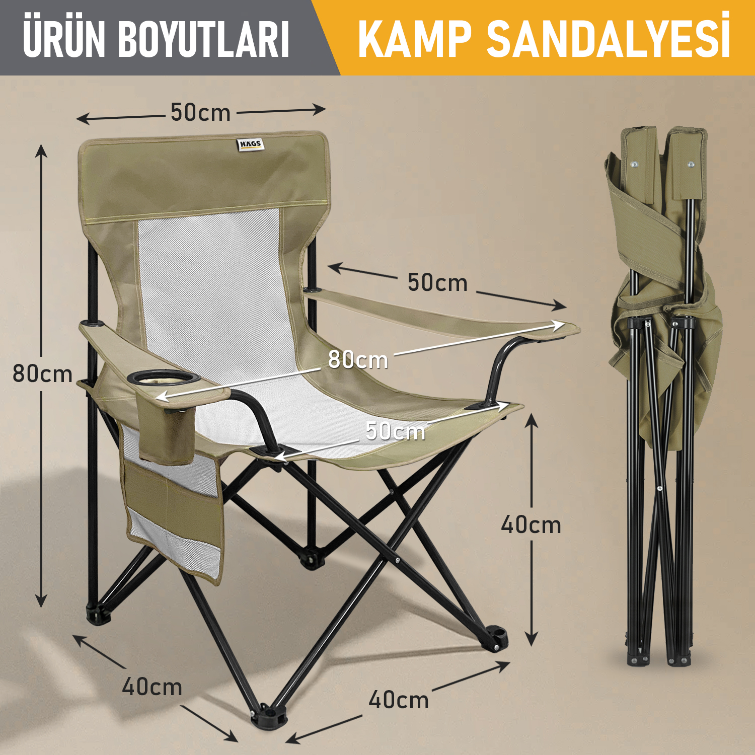 Haegs Kamp Sandalyesi Outdoor Plaj ve Piknik için Katlanır Kamp Sandalyesi Saklama Cepli Bardak Tutuculu Extra Destekli 120 Kg Taşıma Kapasiteli Standart Boy - Yeşil 2