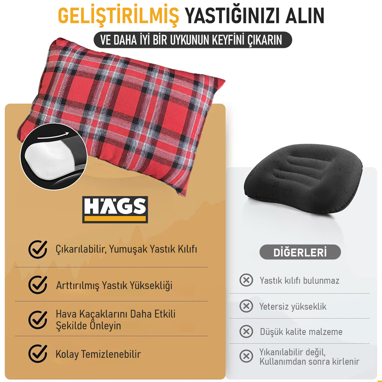 Haegs Kamp Yastığı Seyahat Yastığı Silikon Elyaf Dolgulu Hafif Küçük Yastık Orta Sertlikte Nefes Alabilir Kılıf Kamp Uçak ve Araba İçin İdeal 30x45cm Flanel Kırmızı 4