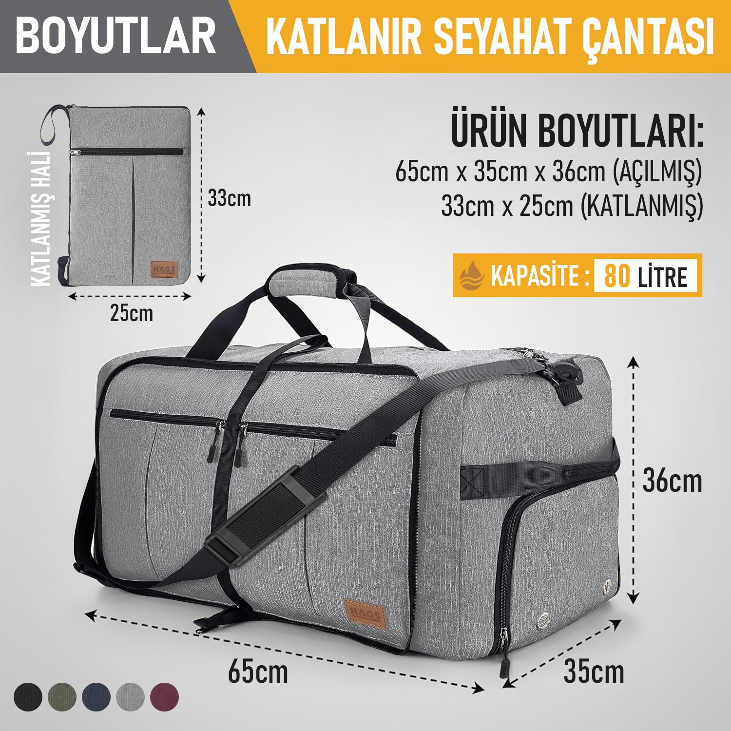 Haegs Katlanabilir Seyahat Çantası Büyük Boy El Bagajı Çantası Erkekler ve Kadınlar için Ayakkabı Bölmeli Hafta Sonu Geceleme Katlanır Bavul Valiz Çanta 80L - Gri 2