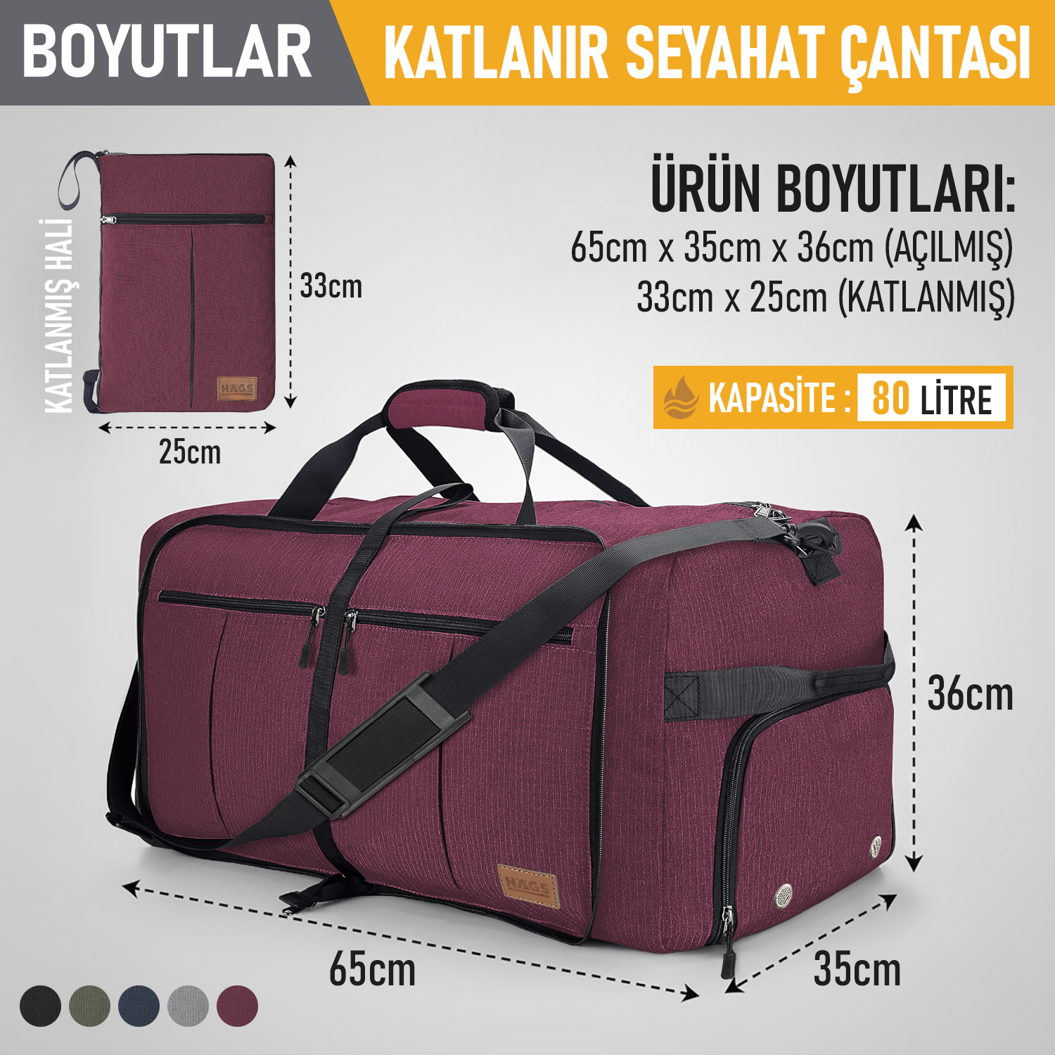 Haegs Katlanabilir Seyahat Çantası Büyük Boy El Bagajı Çantası Erkekler ve Kadınlar için Ayakkabı Bölmeli Hafta Sonu Geceleme Katlanır Bavul Valiz Çanta 80L - Bordo 2