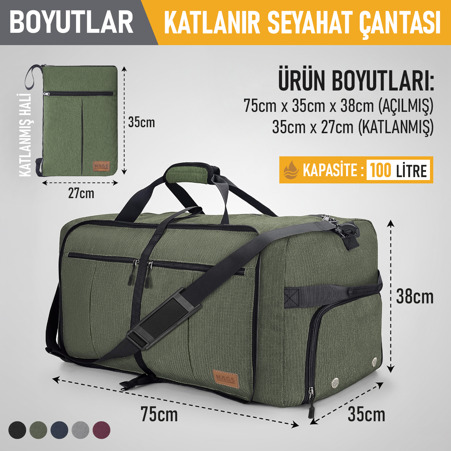 Haegs Katlanabilir Seyahat Çantası Büyük Boy El Bagajı Çantası Erkekler ve Kadınlar için Ayakkabı Bölmeli Hafta Sonu Geceleme Katlanır Bavul Valiz Çanta 100L - Haki 2